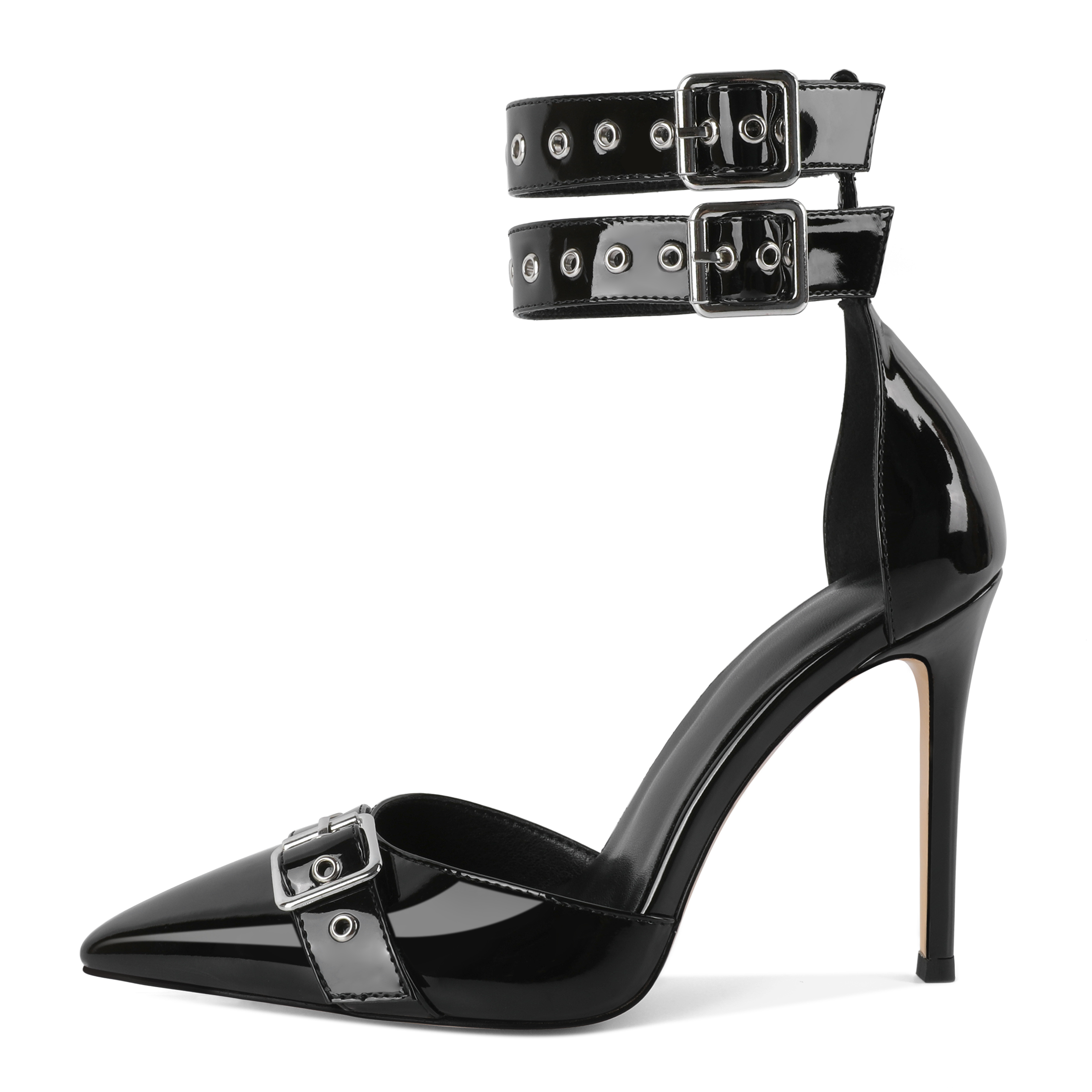 Side profile of pointed toe stiletto heels with buckle strap