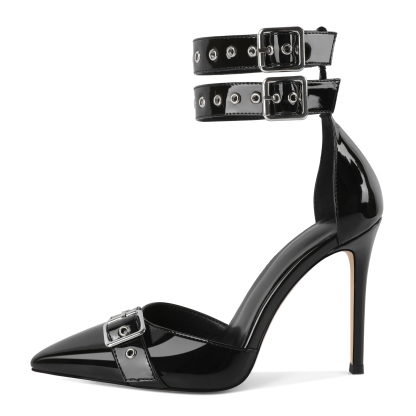 Side profile of pointed toe stiletto heels with buckle strap