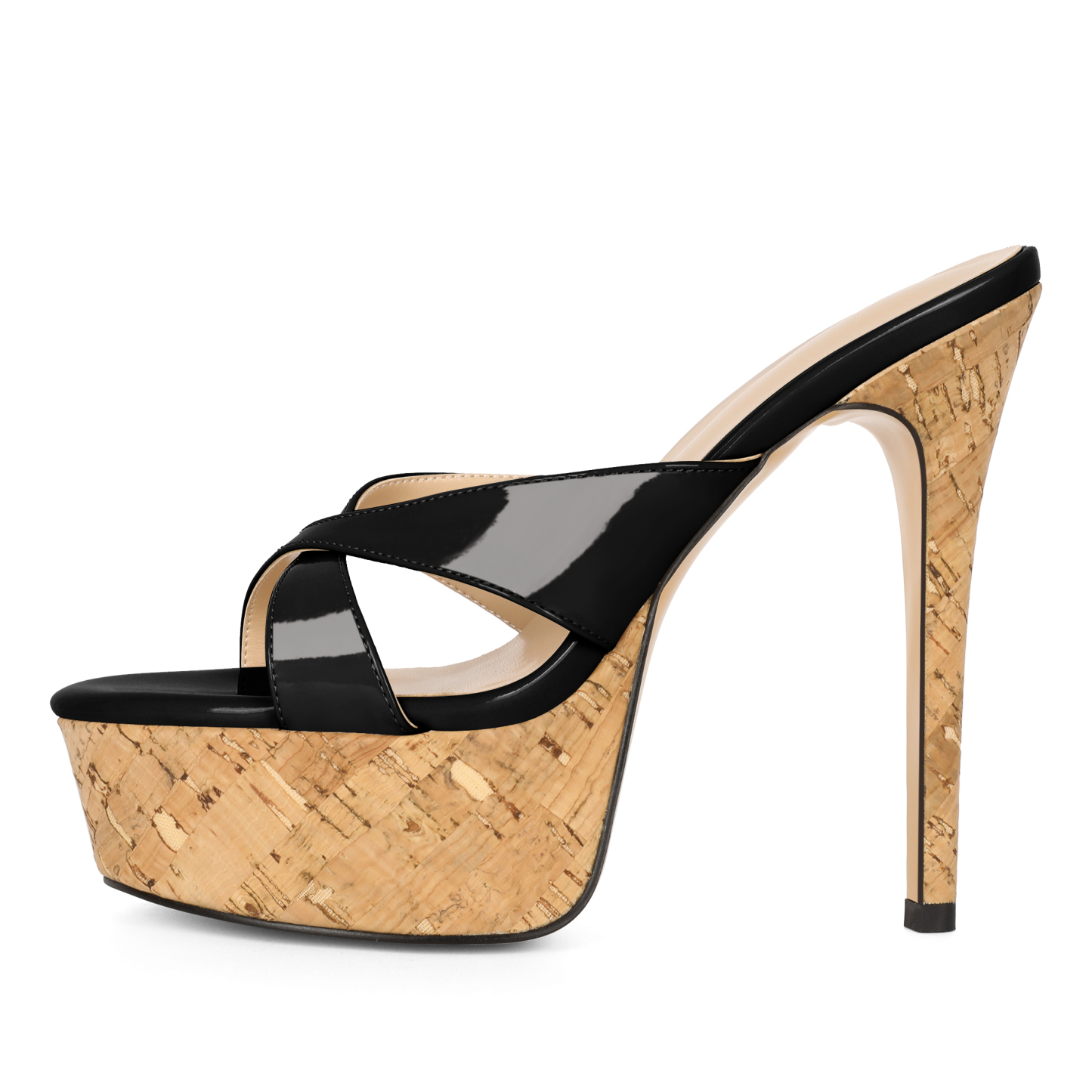 Black cork platform heeled mules with crisscross open toe design
