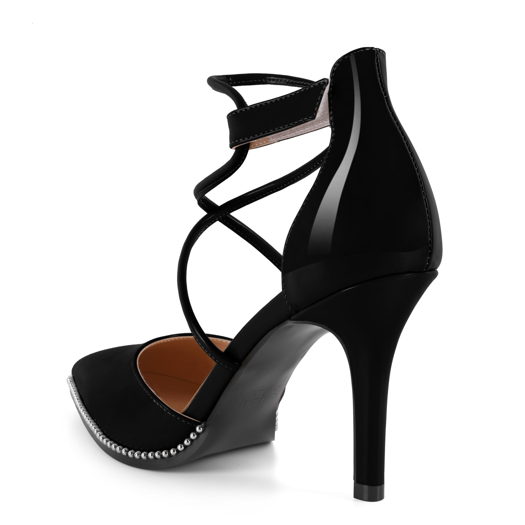 SAMMITOP 3.5 Inch Beaded Criss Cross Ankle Strappy Pumps Rear angle showing slim heel placement and back strap connection