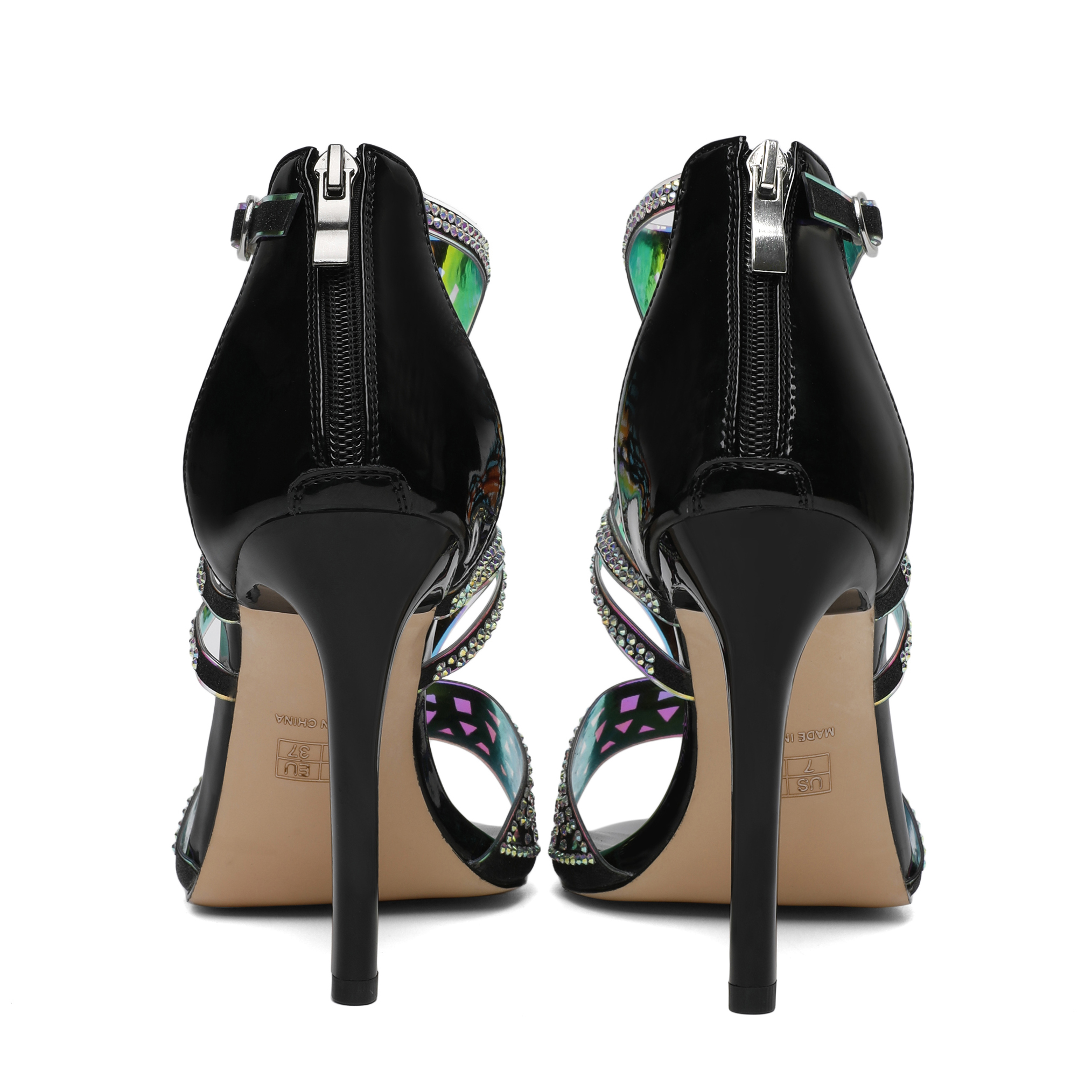 SAMMITOP 4 Inch Cutout Gladiator Rhineston Sandals Rear view highlighting zip closure and ankle support