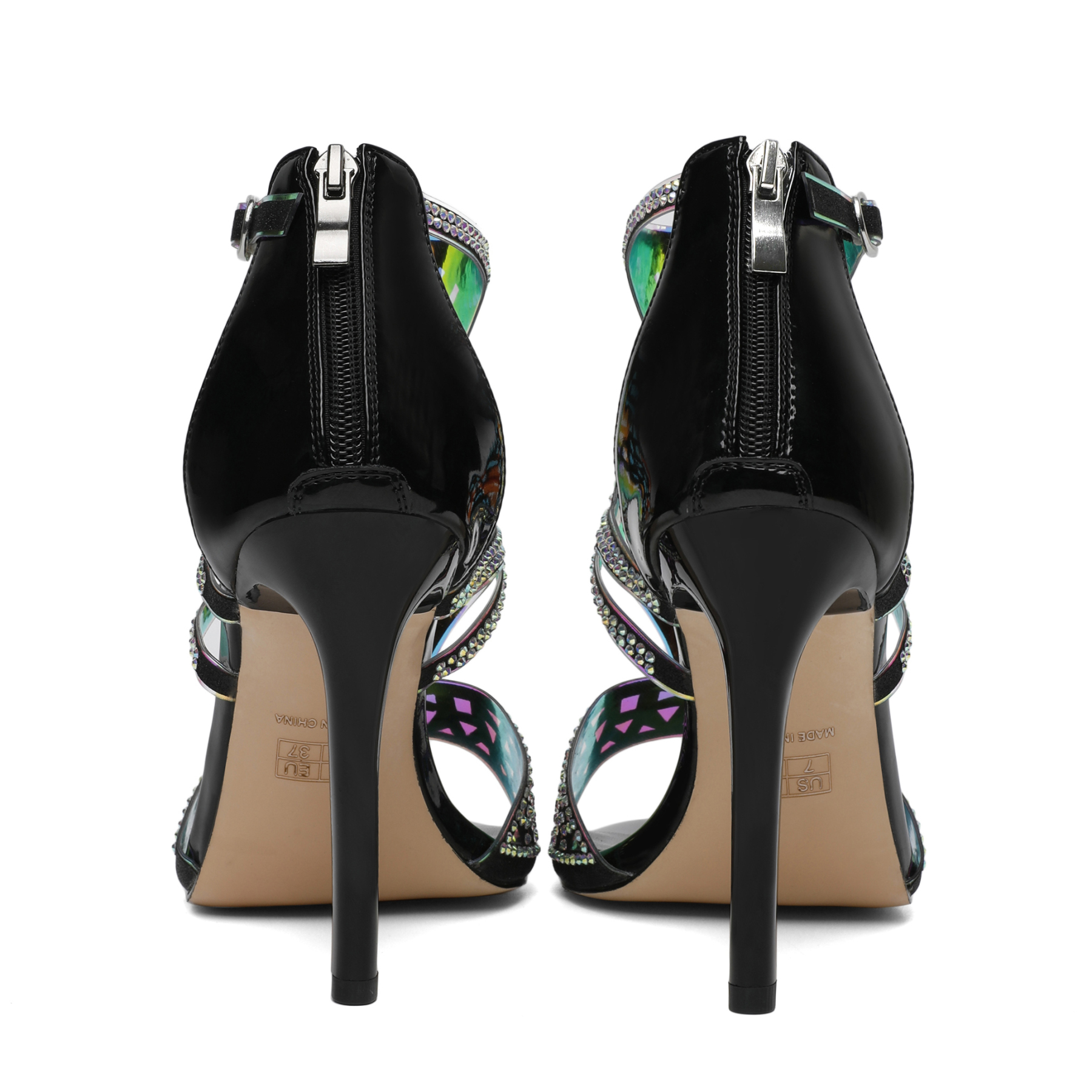 SAMMITOP 4 Inch Cutout Gladiator Rhineston Sandals Rear view highlighting zip closure and ankle support