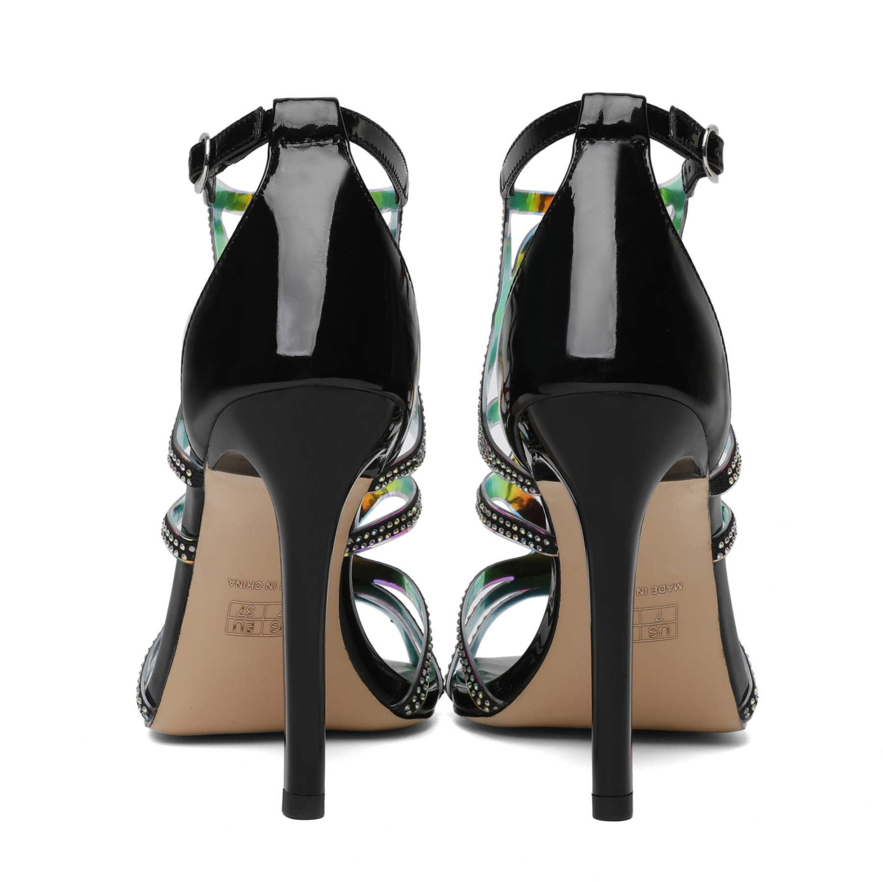 SAMMITOP 4 Inch Sparkly Stiletto Sandals for Dress Party---Close-up of the back zipper and ankle cut