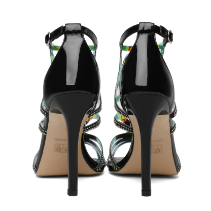 SAMMITOP 4 Inch Sparkly Stiletto Sandals for Dress Party---Close-up of the back zipper and ankle cut