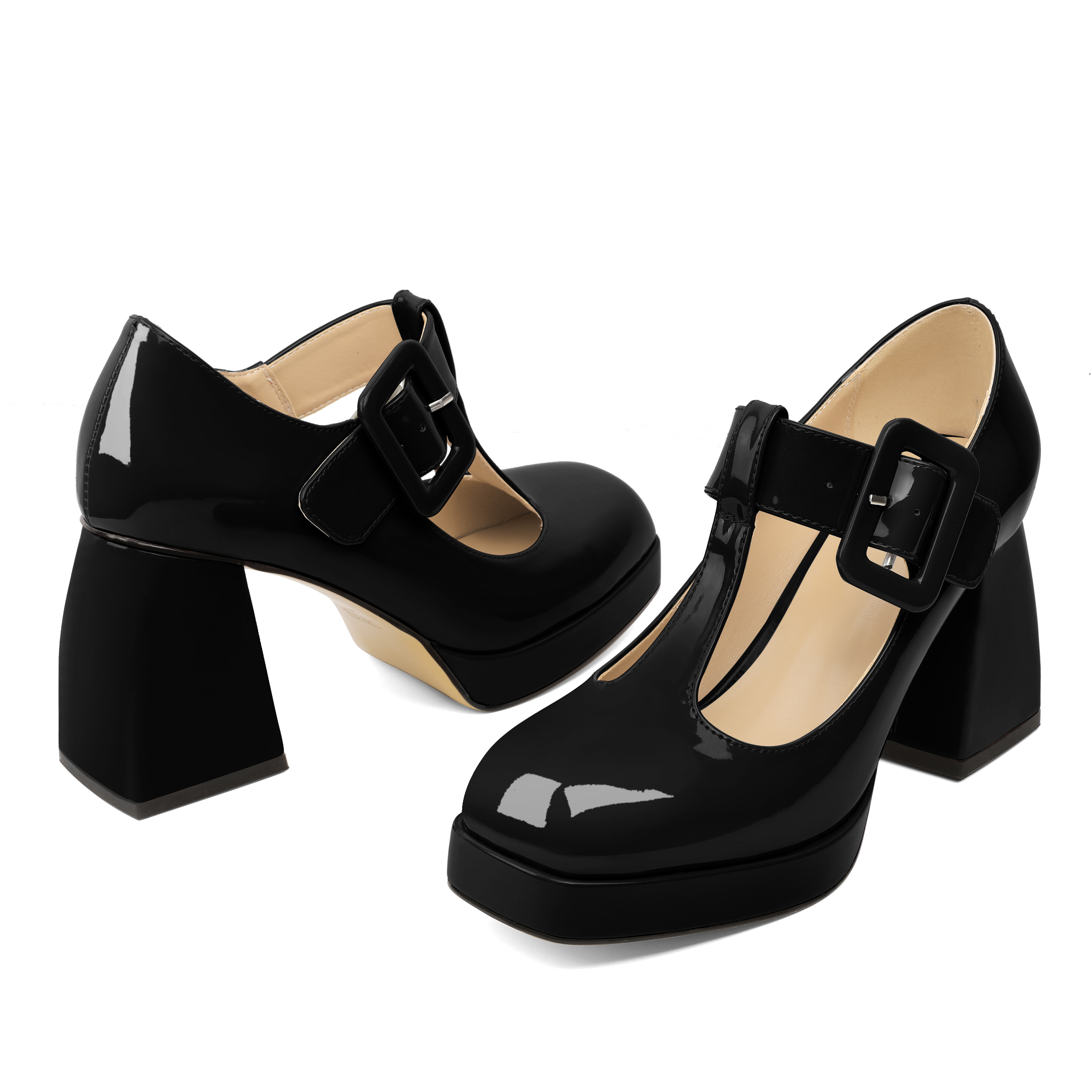 SAMMITOP High Heels Square Toe Mary Jane Pumps Chunky Heel Platform Dress Shoes