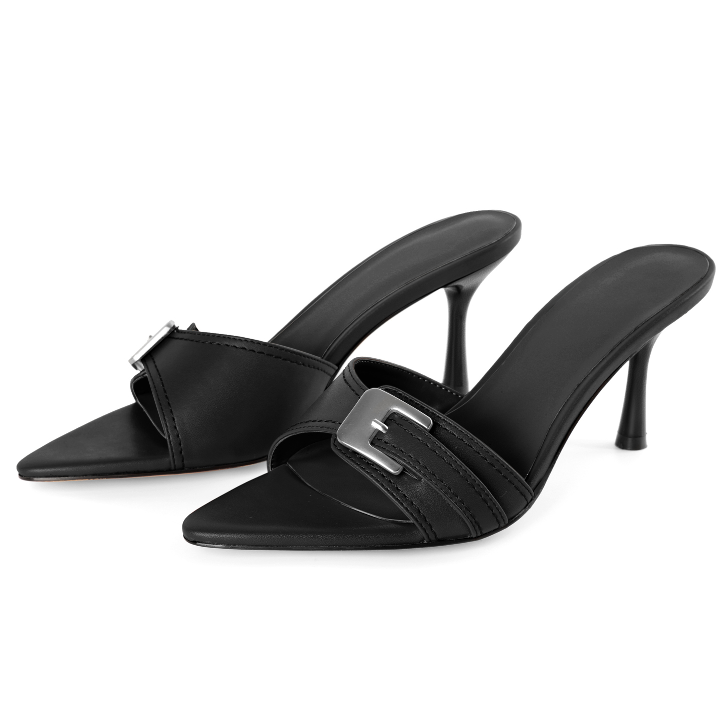 Side view of SAMMITOP pointed toe mule heels showing heel height and profile
