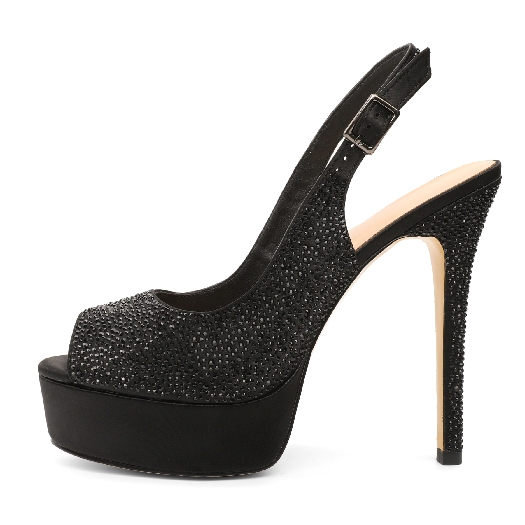Side profile of slingback platform heel with stiletto silhouette