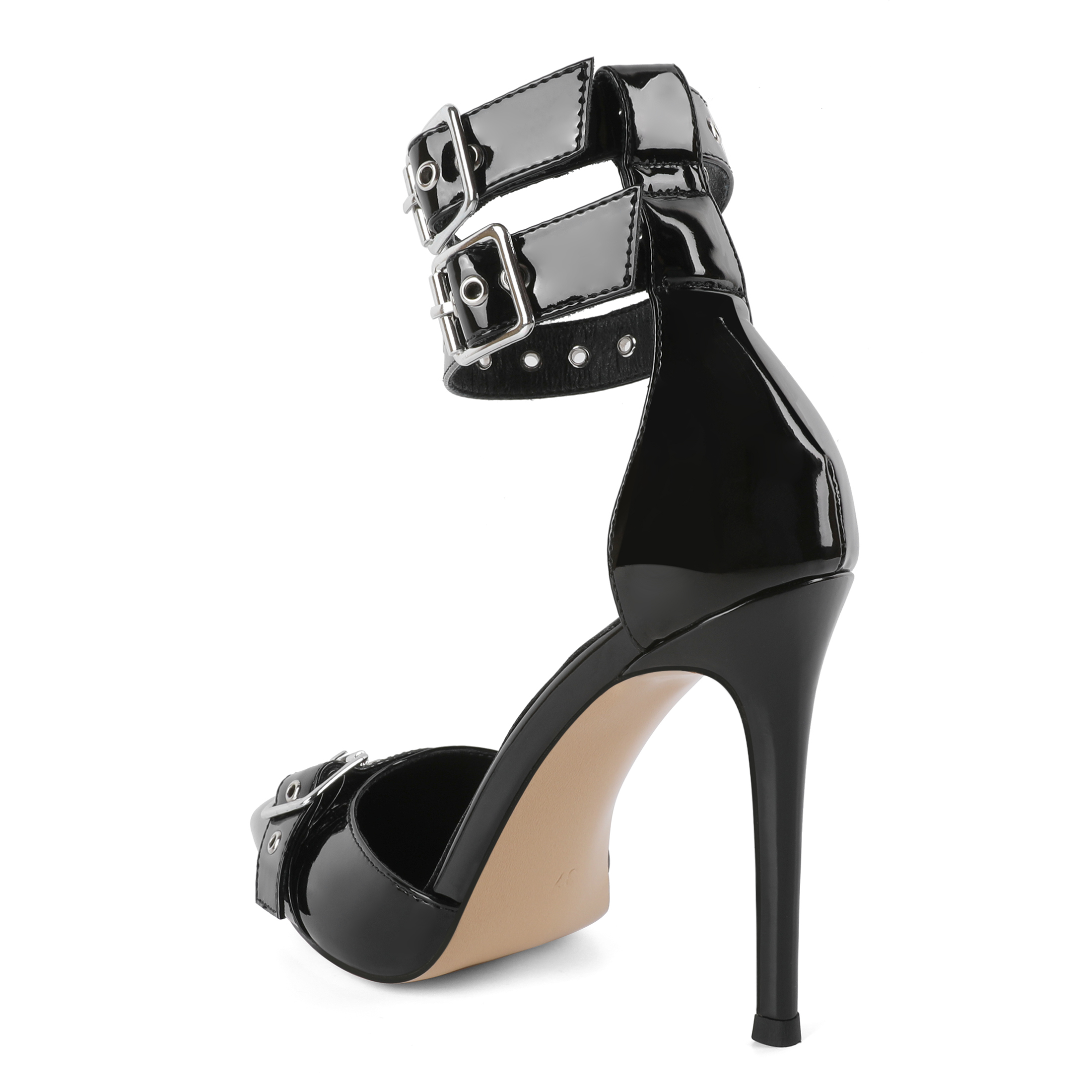 Back angle highlighting slim 4-inch stiletto heel and ankle support