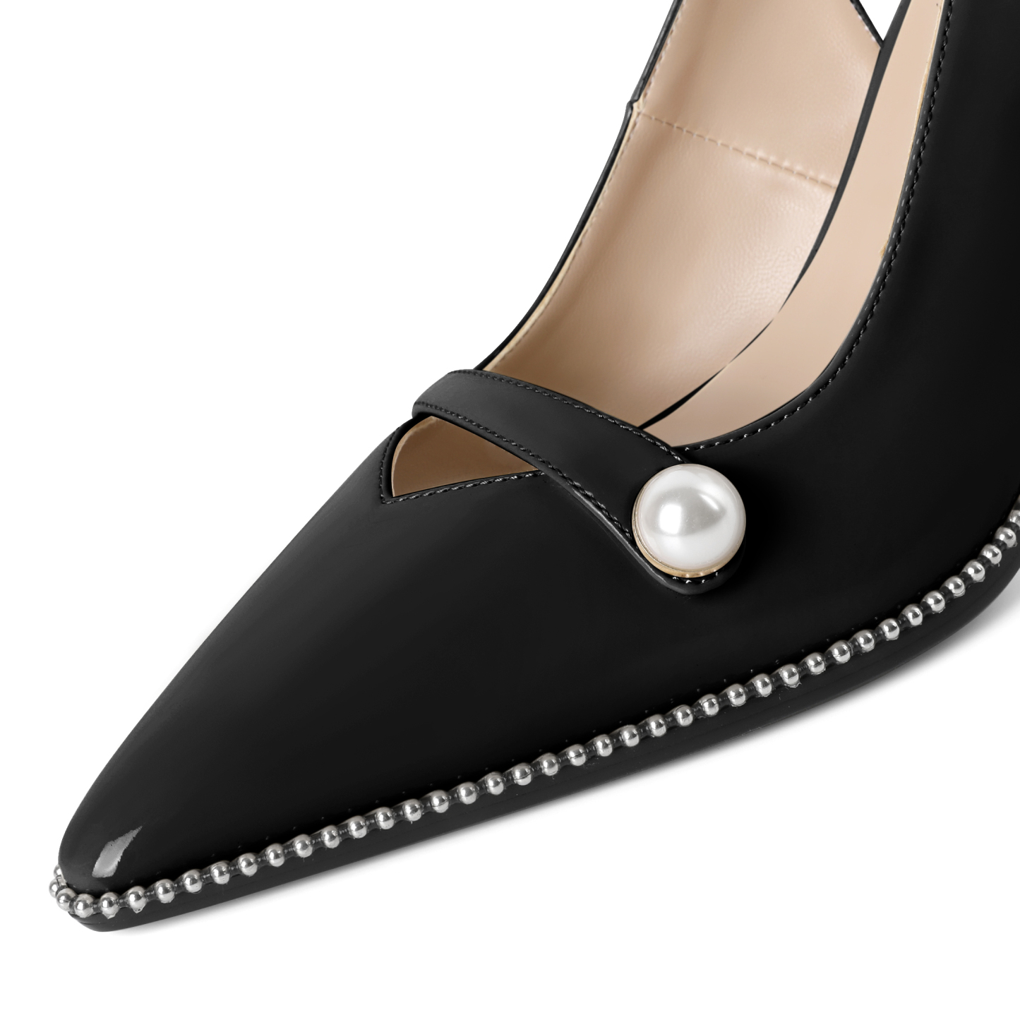 Front view of SAMMITOP slingback heels showing pointed toe and pearl details

