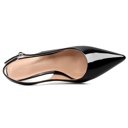 Top-down view of beige slingback pumps highlighting insole comfort
