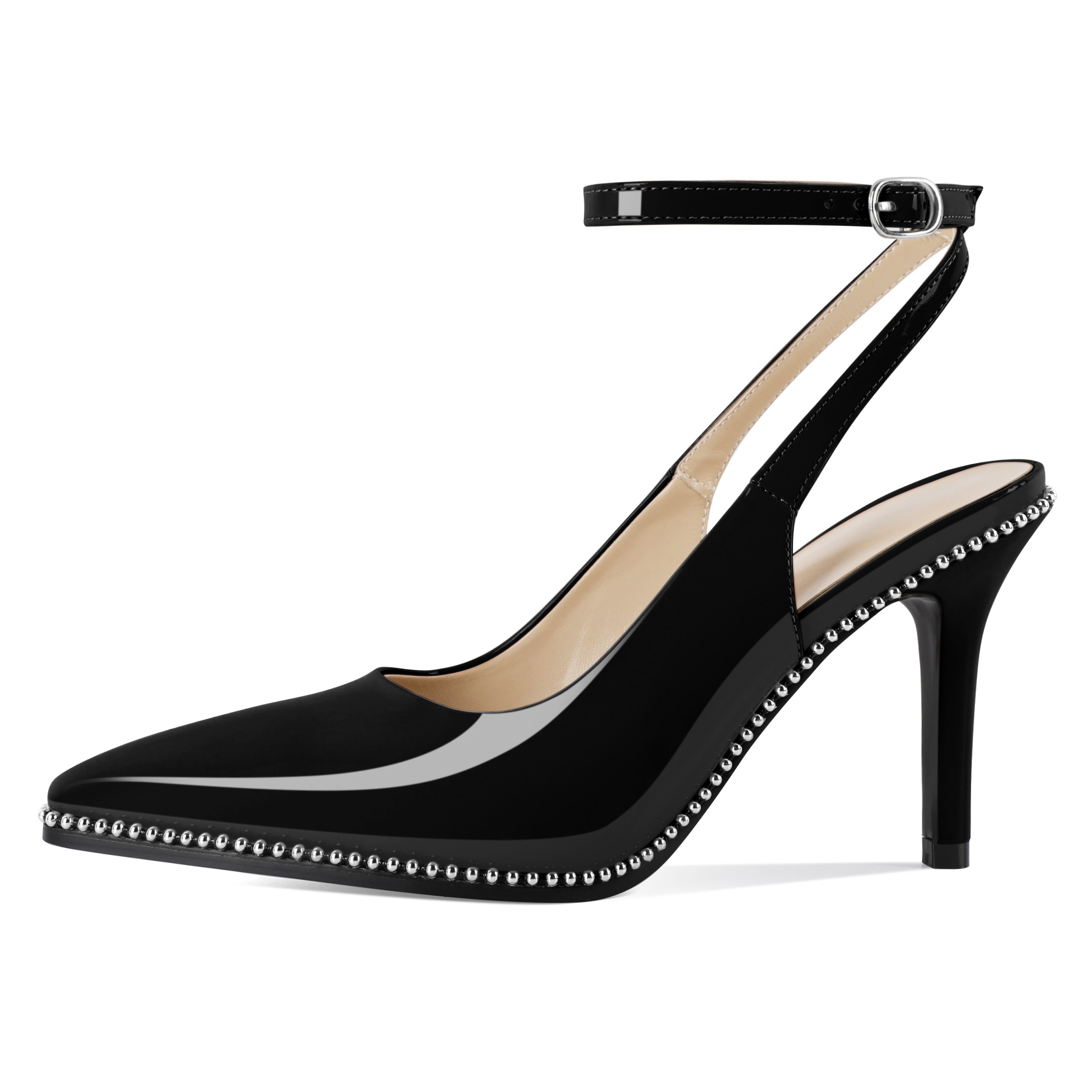 lose-up of silver beadchain detail on pointed toe slingback heel