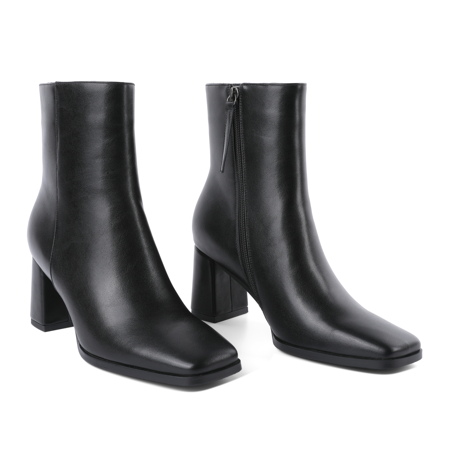 Close-up of square toe on lambskin leather ankle boots