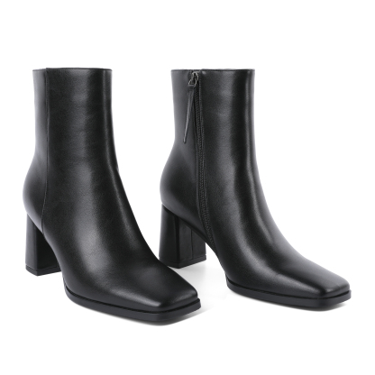 Close-up of square toe on lambskin leather ankle boots