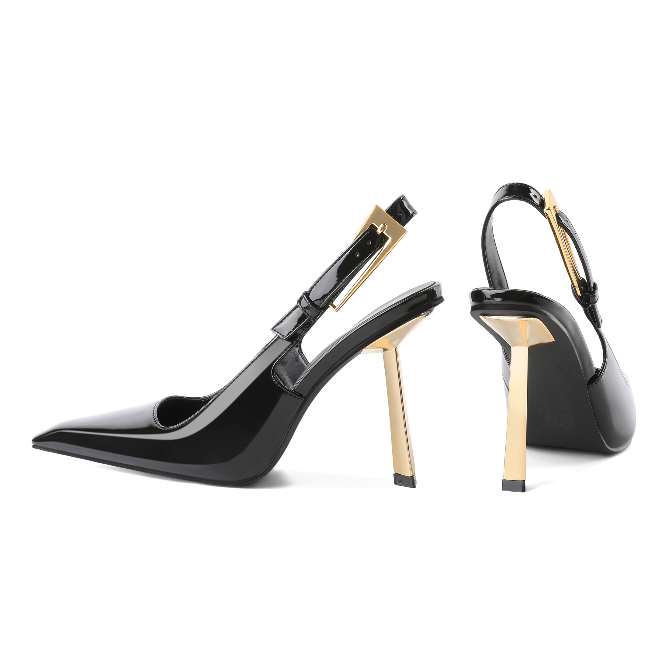 Rear view showcasing asymmetric gold-plated stiletto heel and slingback strap