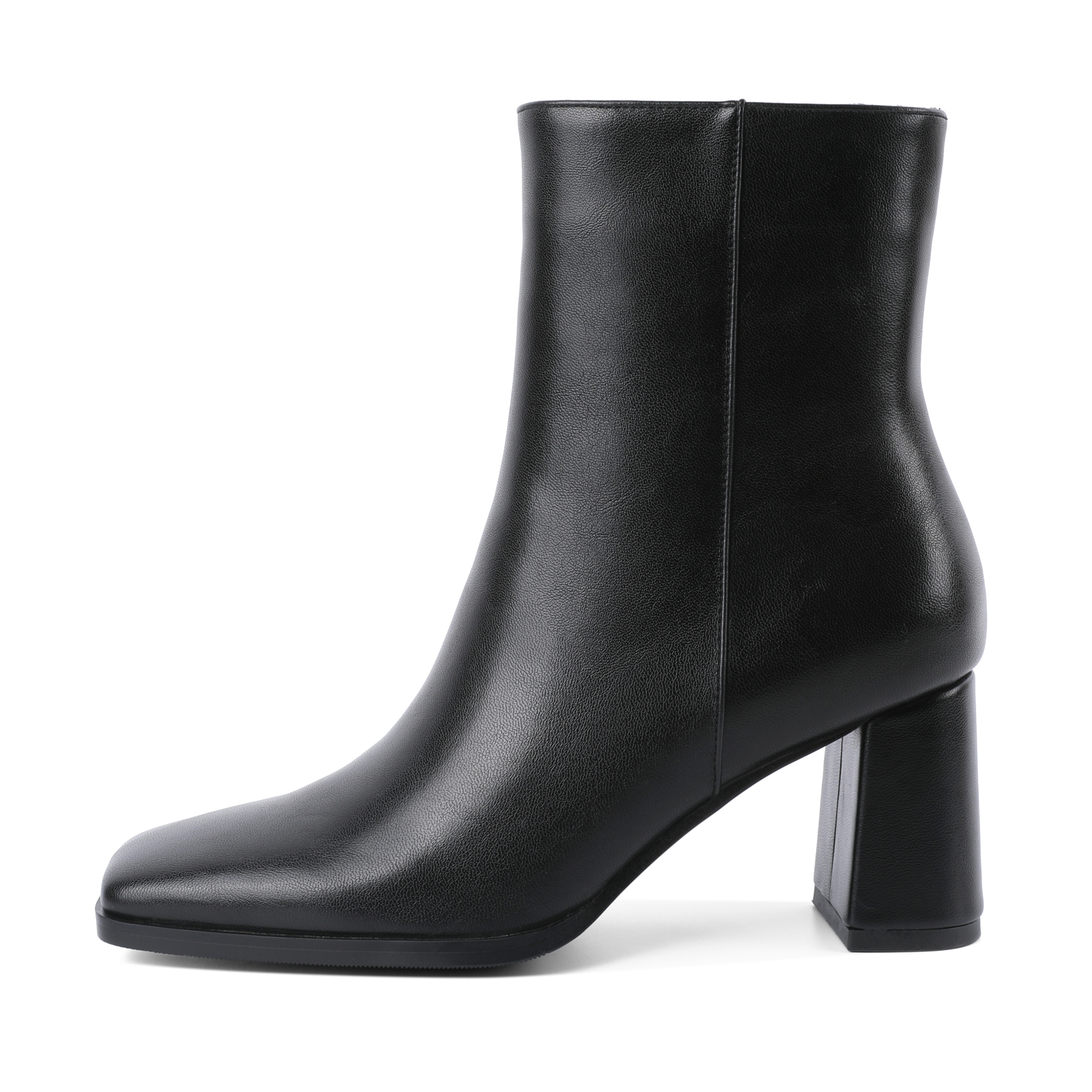 Side angle of chunky heel and zipper on lambskin leather boots