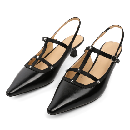 Top-down view of pointed toe slingback pumps with satin T-strap and adjustable ankle buckle