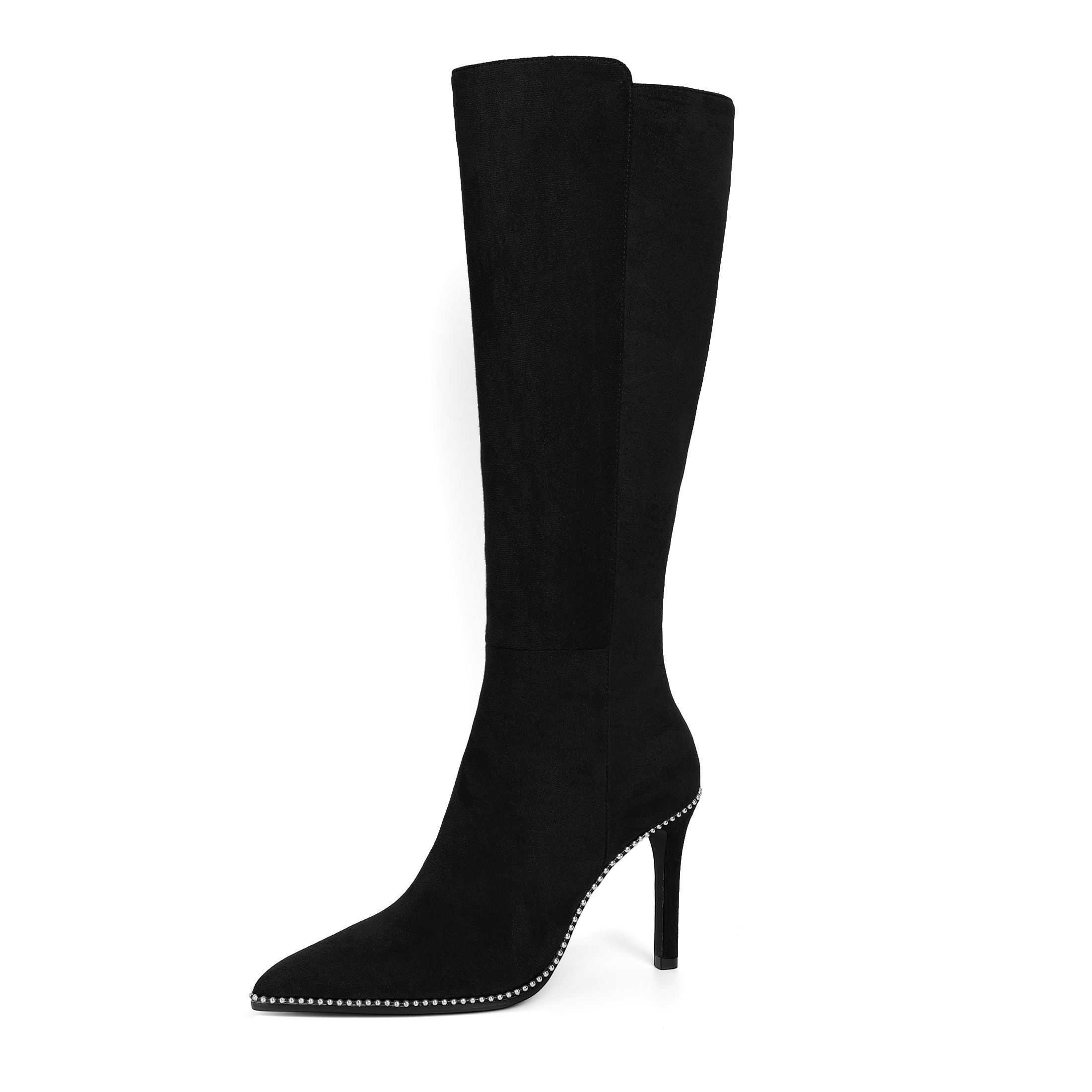 Sammitop Knee High Boots for Women Stiletto Heel Boot Classic Pointed Toe Booties Beaded Bootie for Work Office Comfortable Retro High Heel Boots