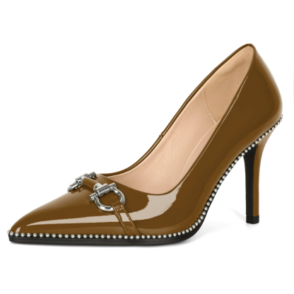 Women's brown stiletto pumps with 3.5-inch heel, closed pointed toe, and bow detail