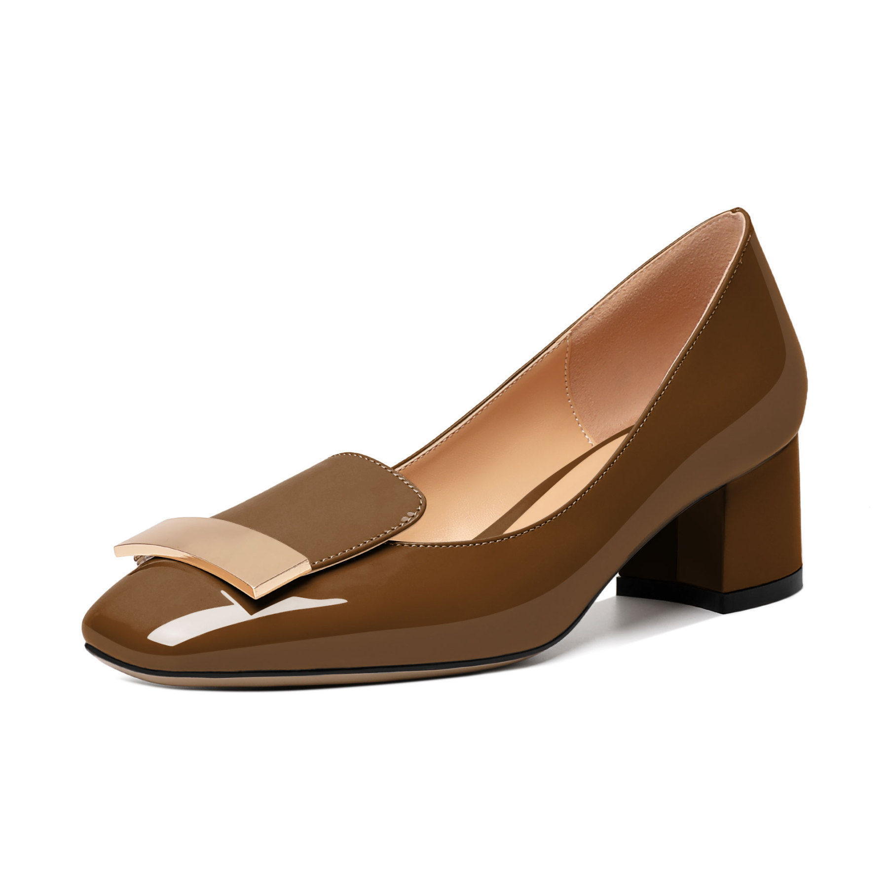 Brown low chunky heel pumps with elegant square toe