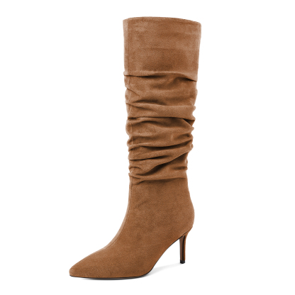 SAMMITOP Slouchy Knee High Boots Mid Calf Boots Kitten Heel Pointed Toe Pull On Long Boots 