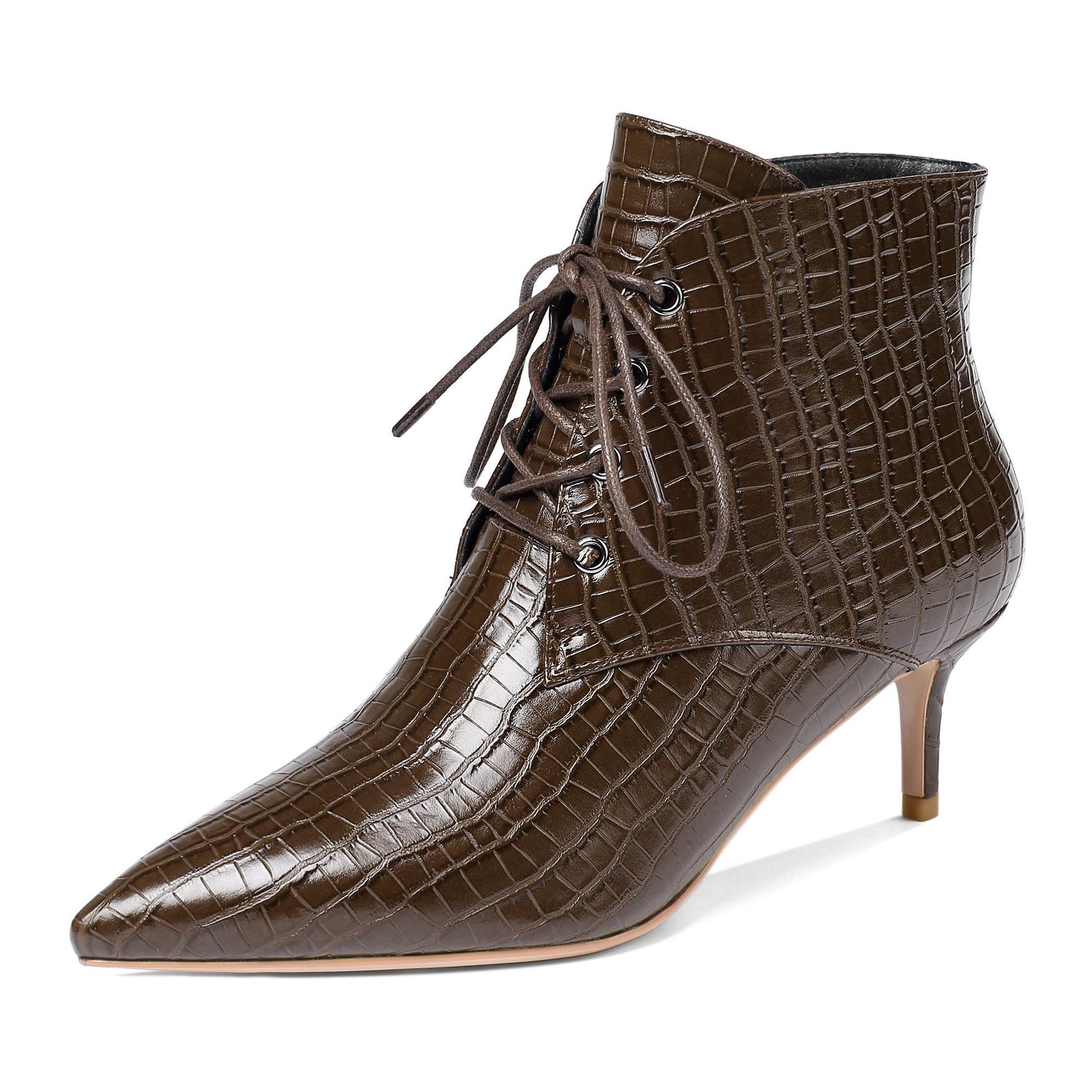 Brown croc-style lace-up booties with 2.3-inch heel – SAMMITOP