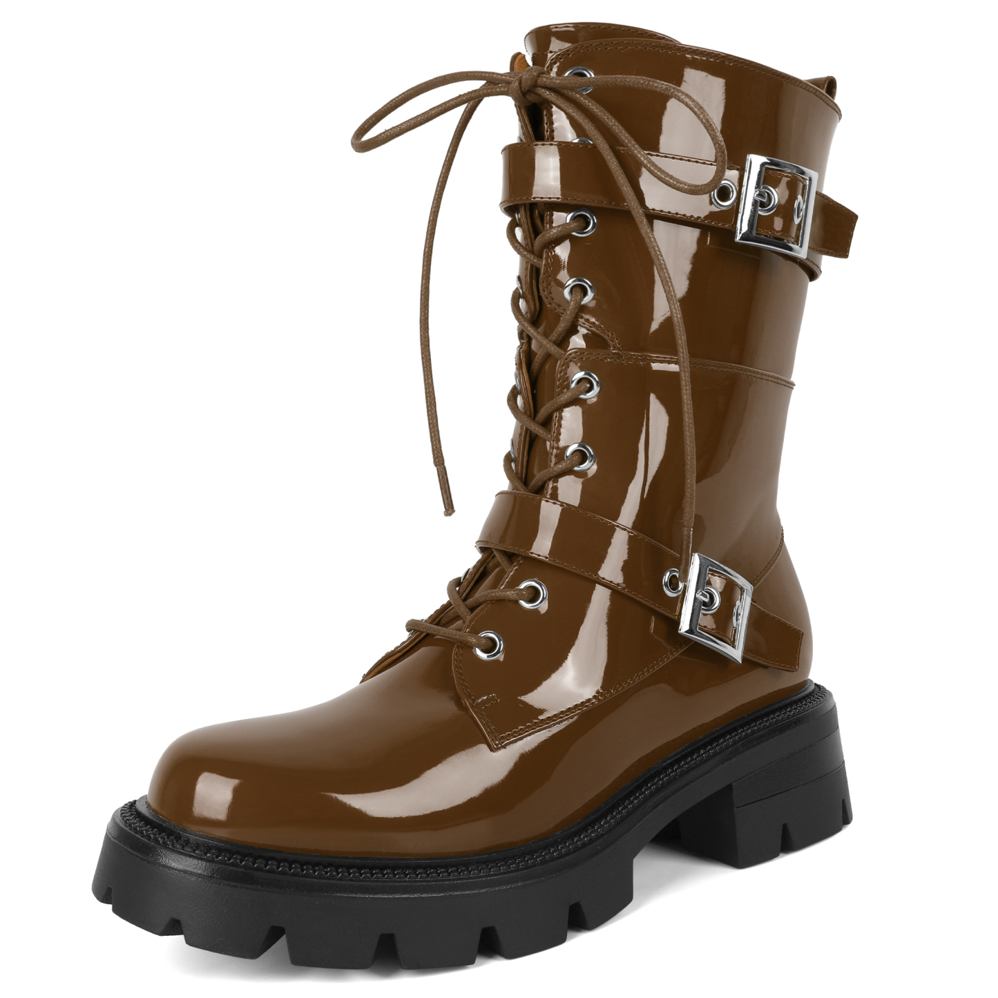 Brown women’s combat boots with lug sole and strap detail 