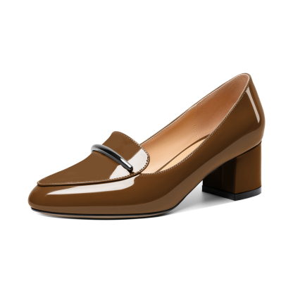 SAMMITOP brown block heel pumps with classic loafer style

