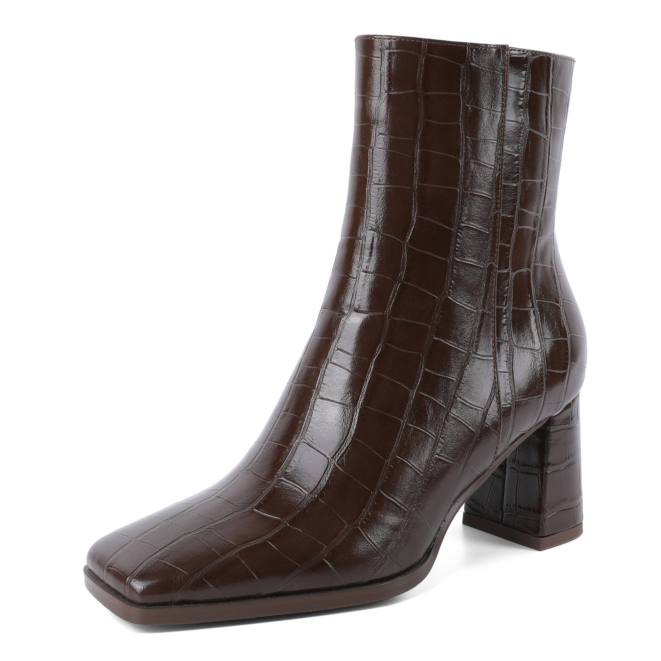 Brown crocodile embossed ankle boots with side zipper and square toe