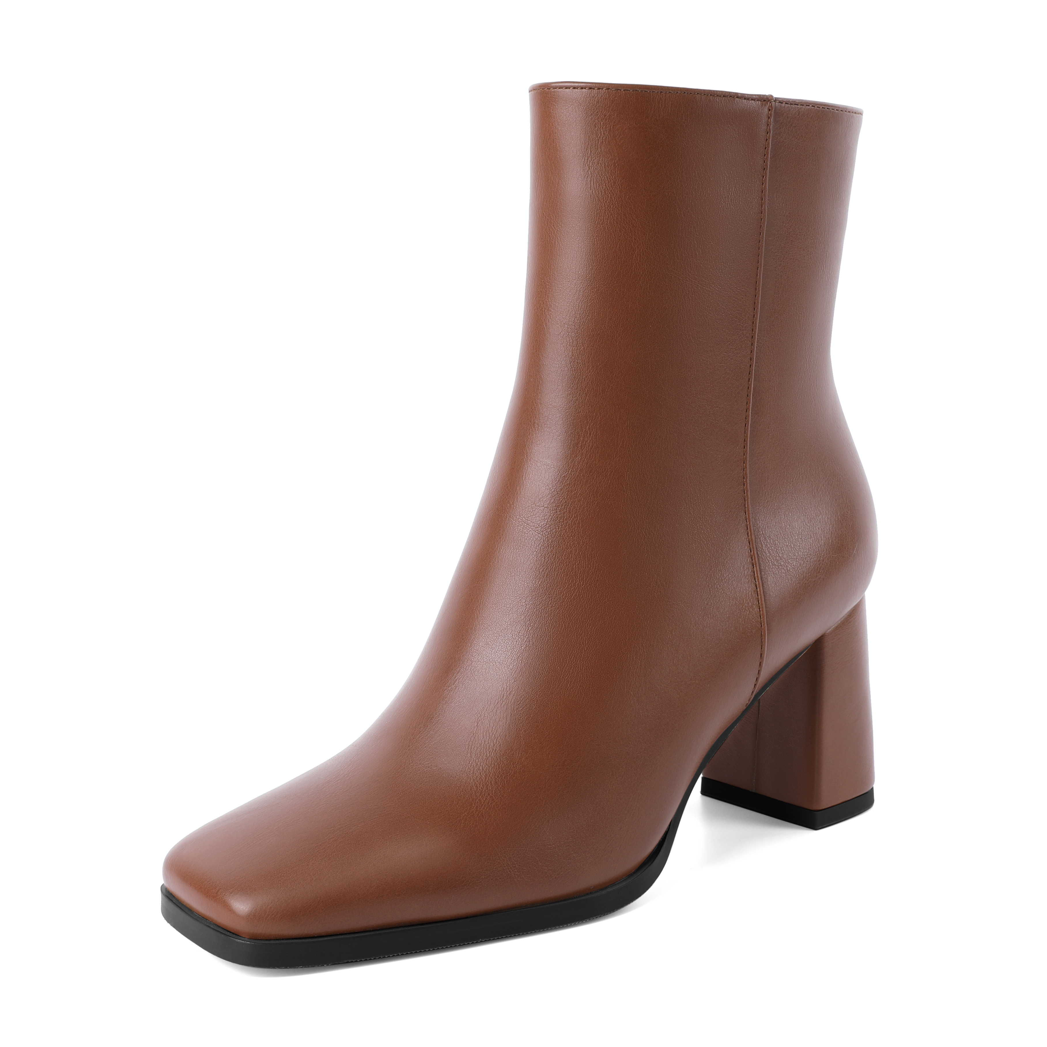 Brown genuine lambskin leather square toe ankle boots