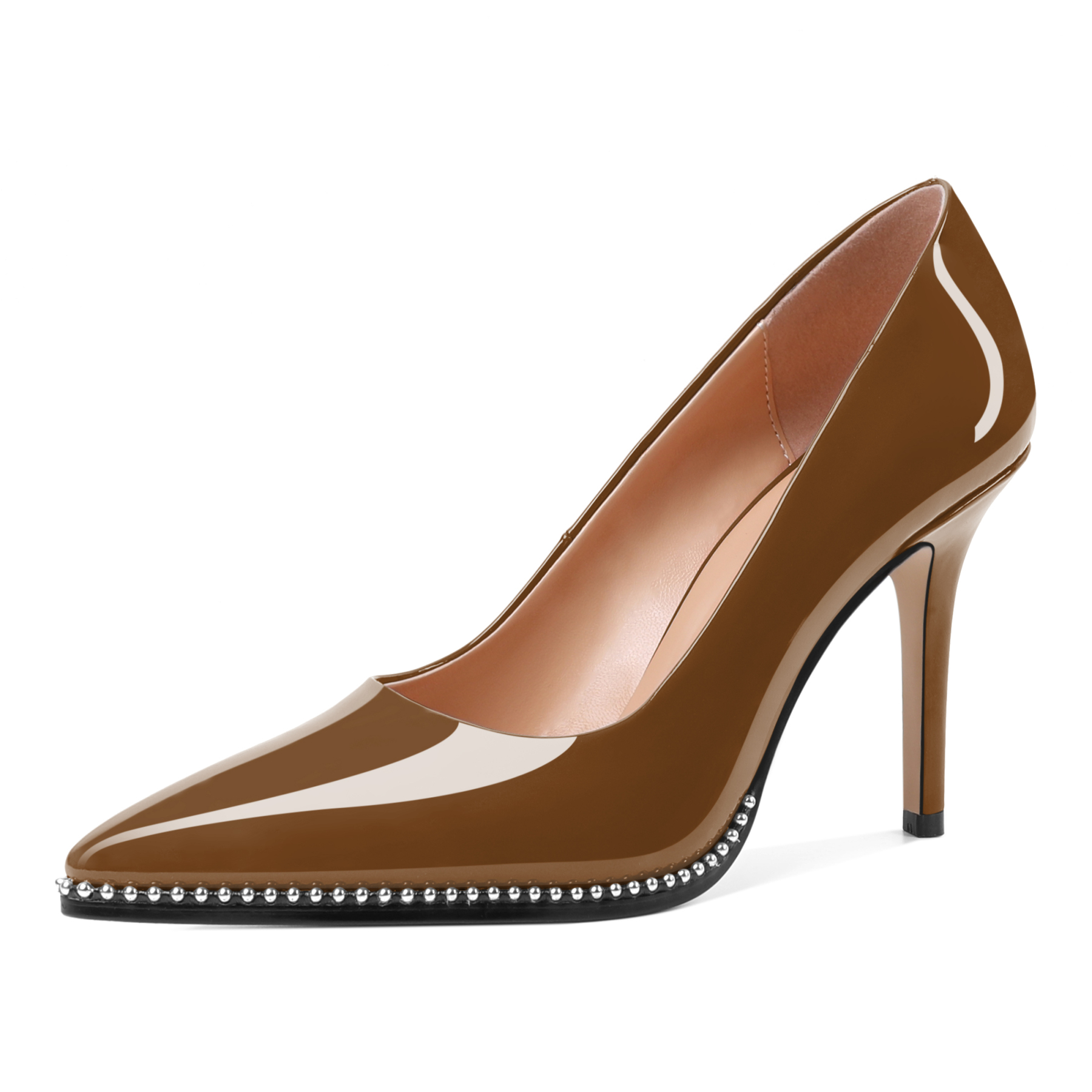 Brown patent leather high heel pumps with beaded design