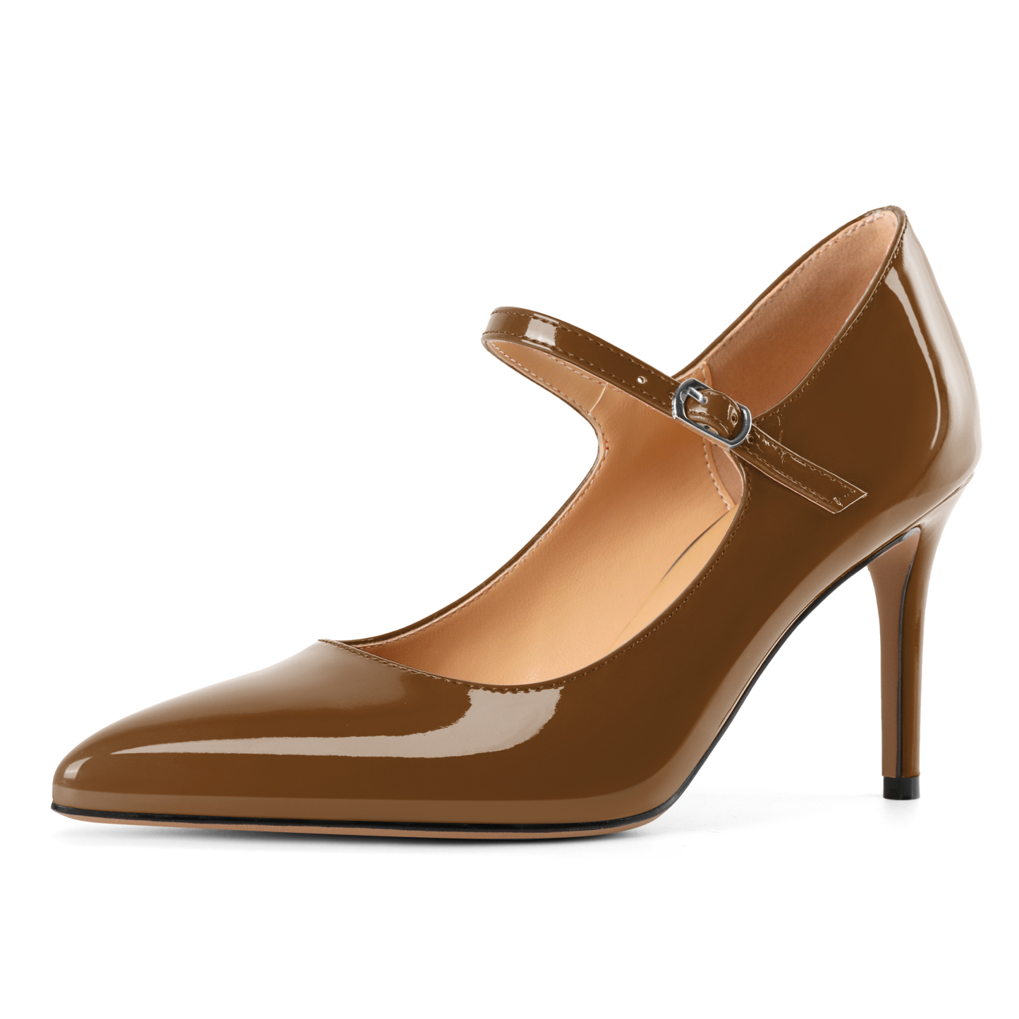 Brown pointed toe dress shoes for women with secure strap