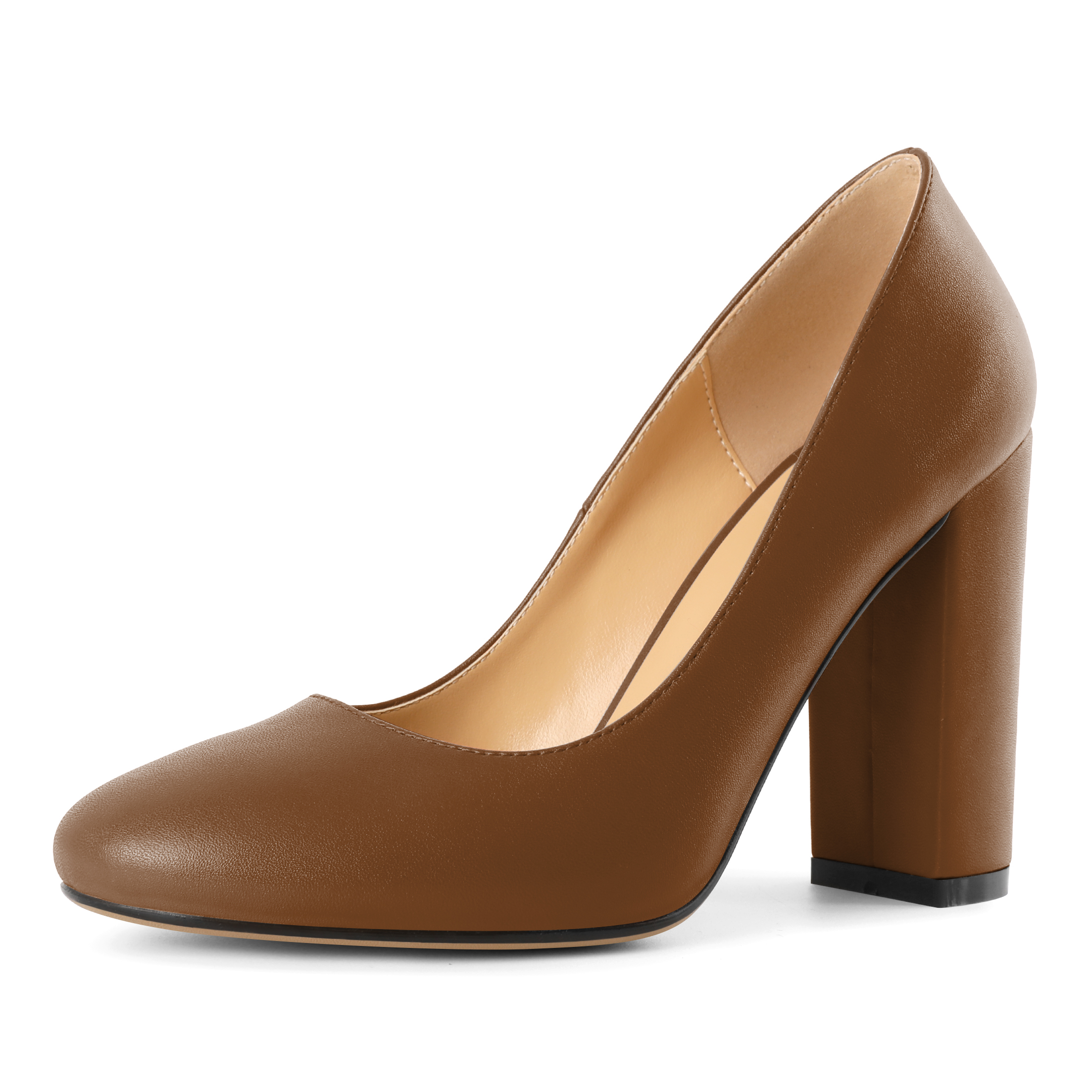 Brown classic slip-on pumps with block heel and comfortable padded insole