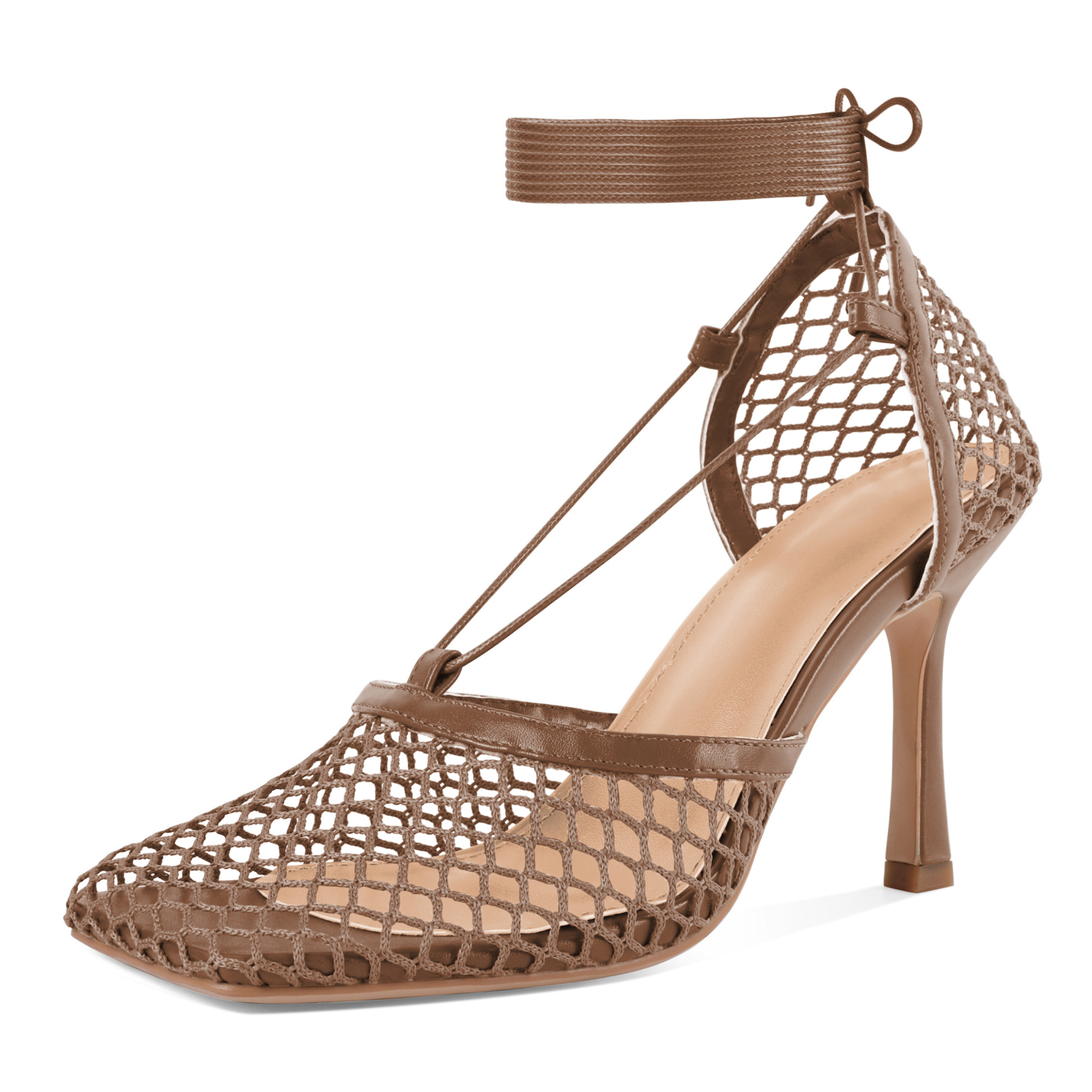 Brown mesh lace-up stiletto heel sandals with breathable upper

