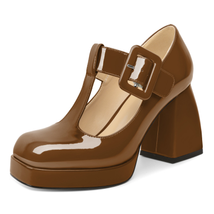 Women's brown Mary Jane platform pumps with secure buckle and 4-inch chunky heel