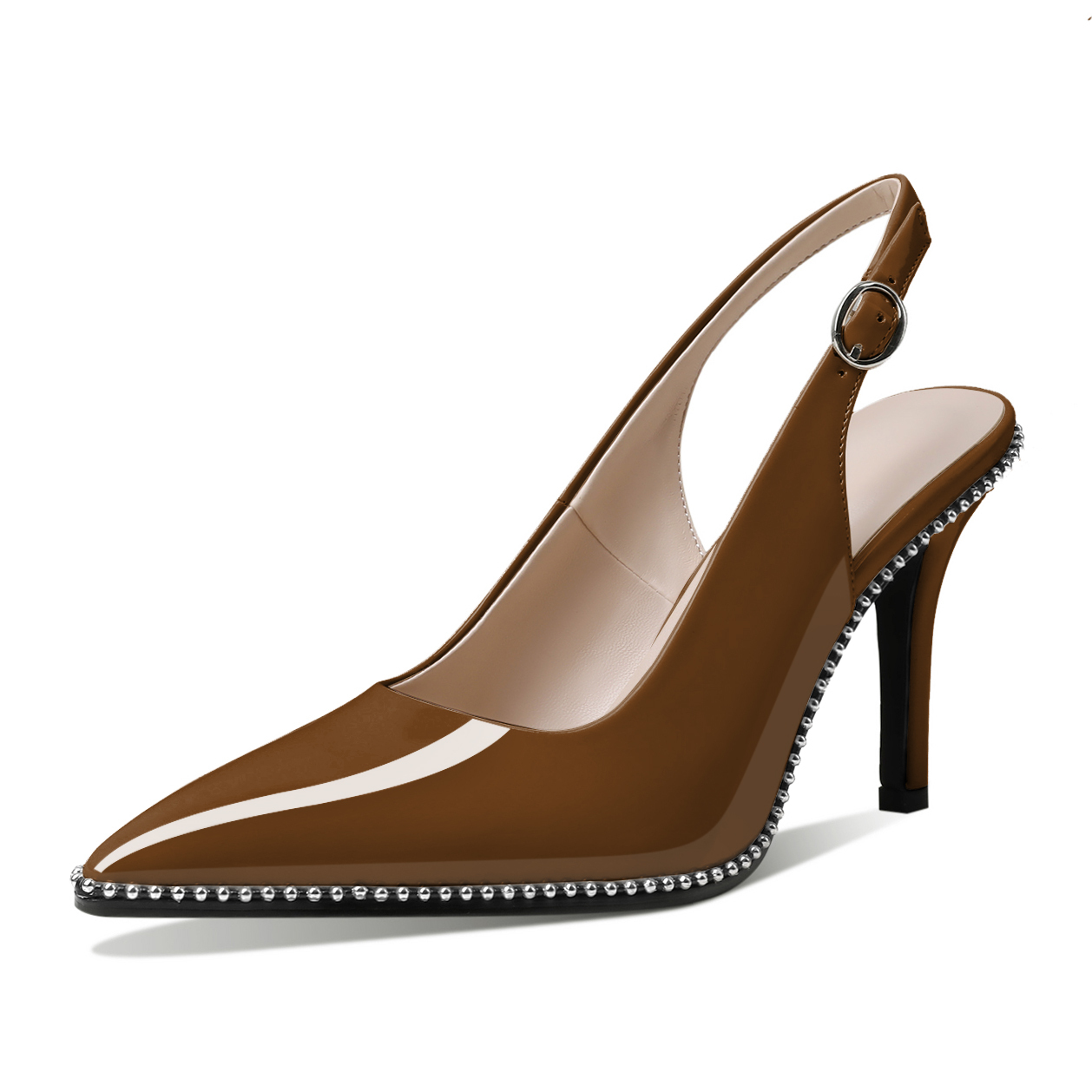 Brown Patent Slingback Pumps with Silver Beads and Elegant Silhouette