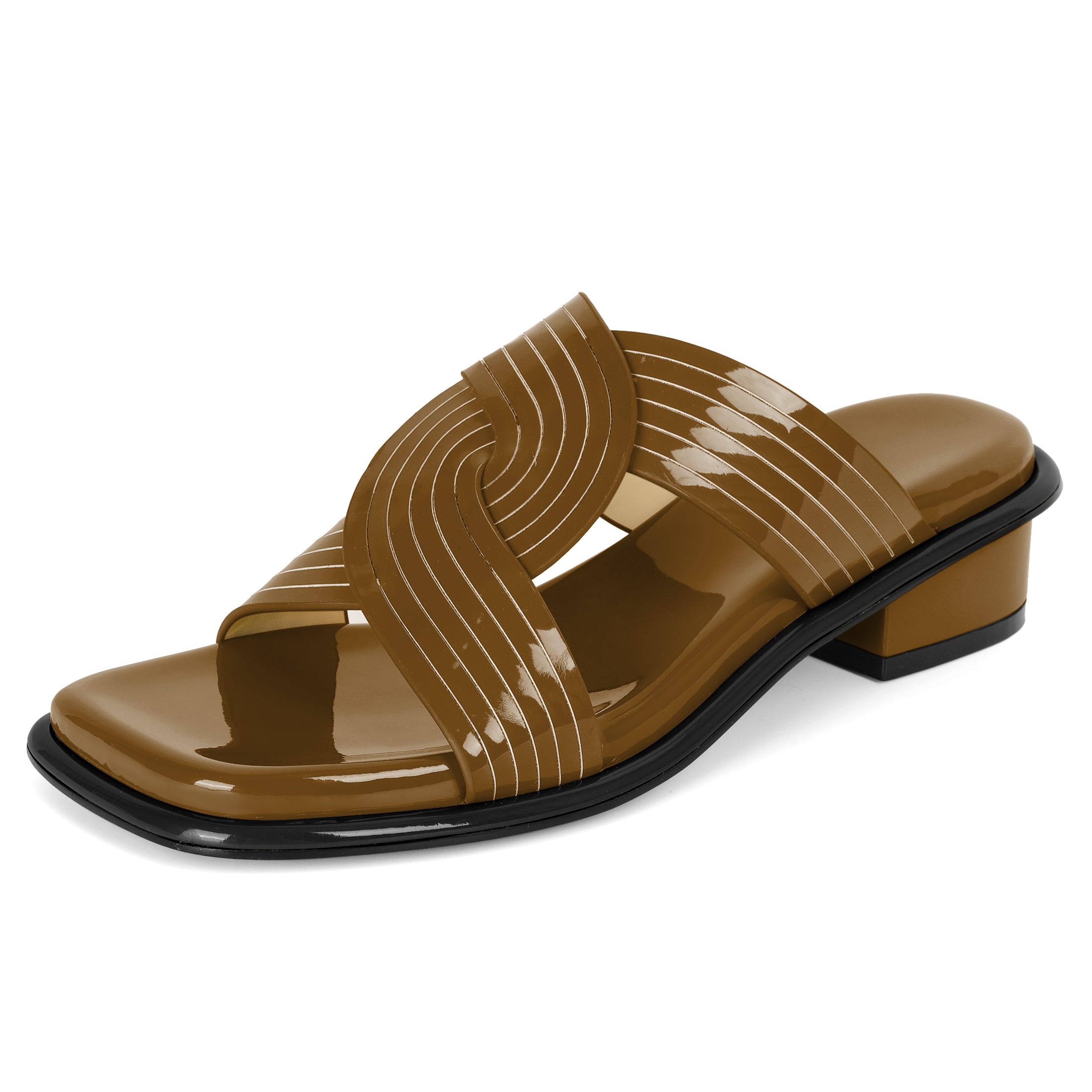 Brown slip-on mules with chunky heel and minimalist cross straps

