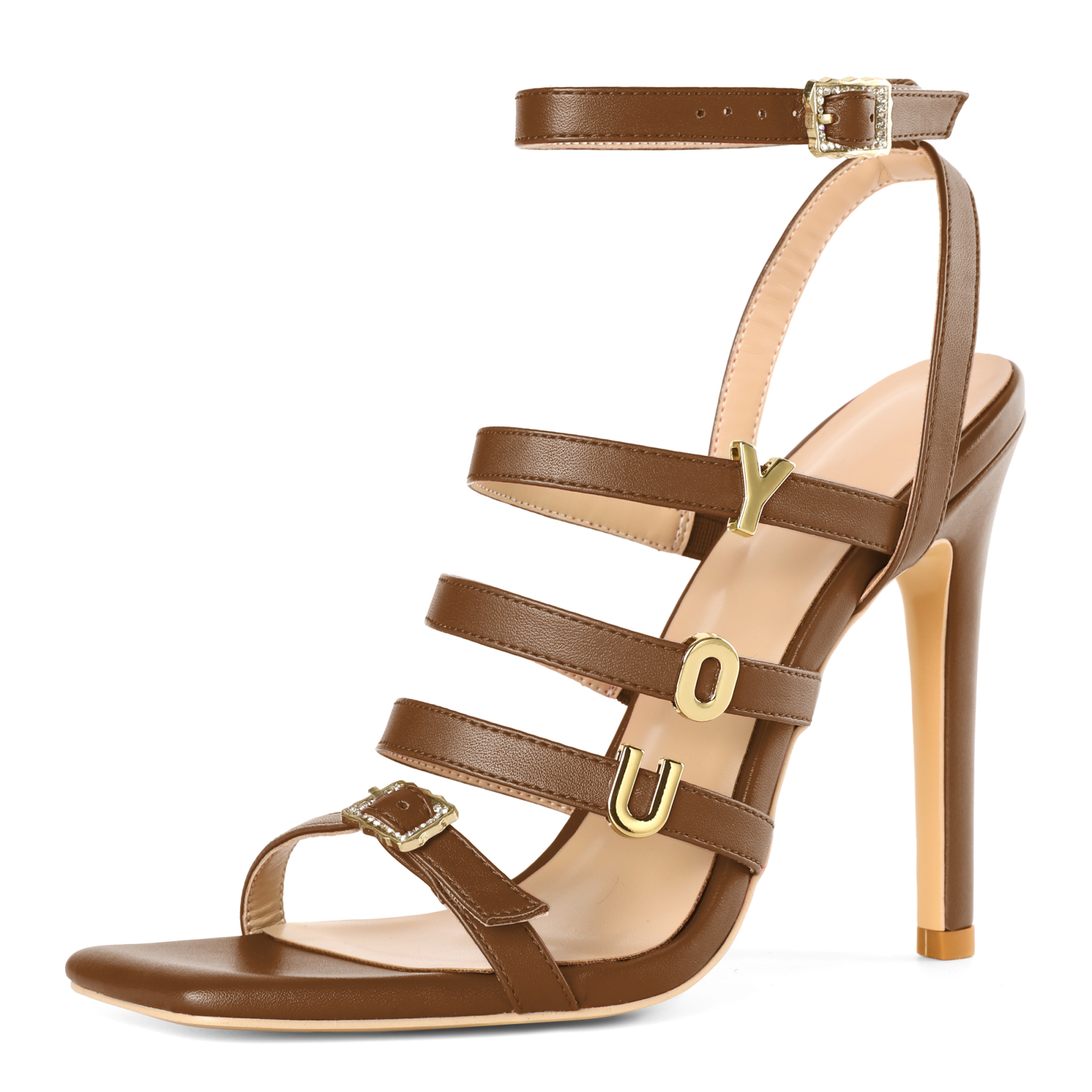 SAMMITOP Brown 4 Inch Ankle Strap Square Toe Stiletto Strappy Sandals 