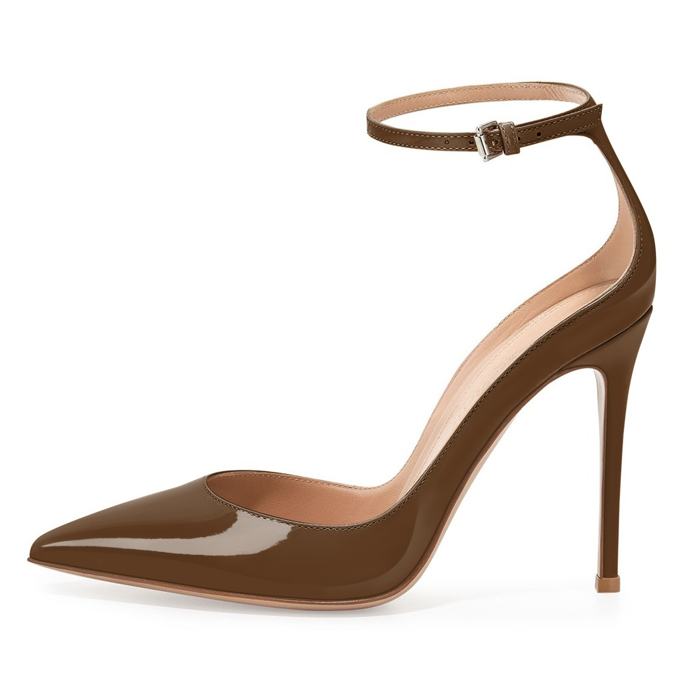 Sleek brown pointed toe high heel pumps with a 10cm stiletto and adjustable ankle strap, great for modern workwear or formal outfits