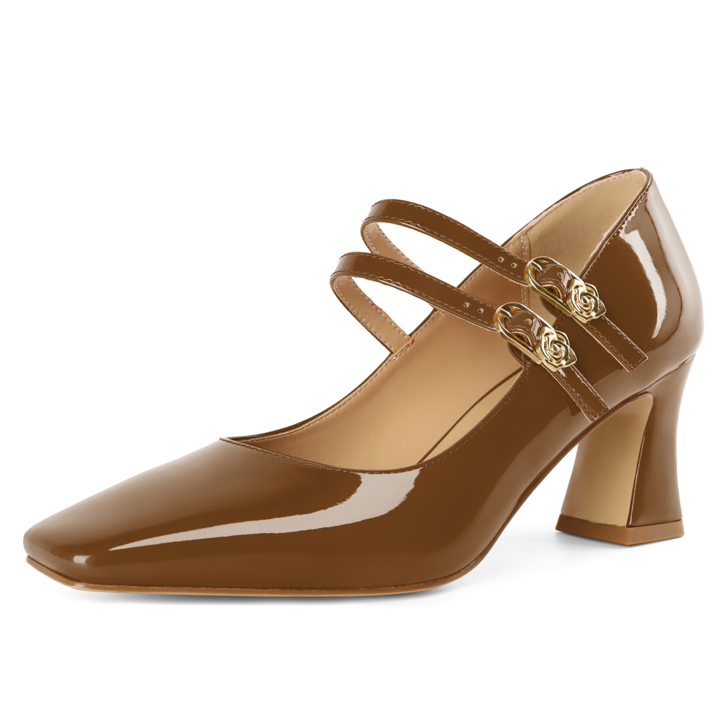 Brown Mary Jane block heel pumps with 2.5 inch lift and retro buckle design, ideal for everyday elegance