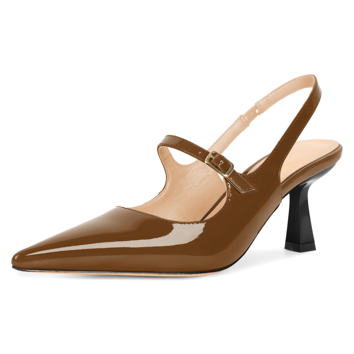 Brown slingback pumps with 2.5" kitten heel and pointed toe, classic low heel shoes for office wear