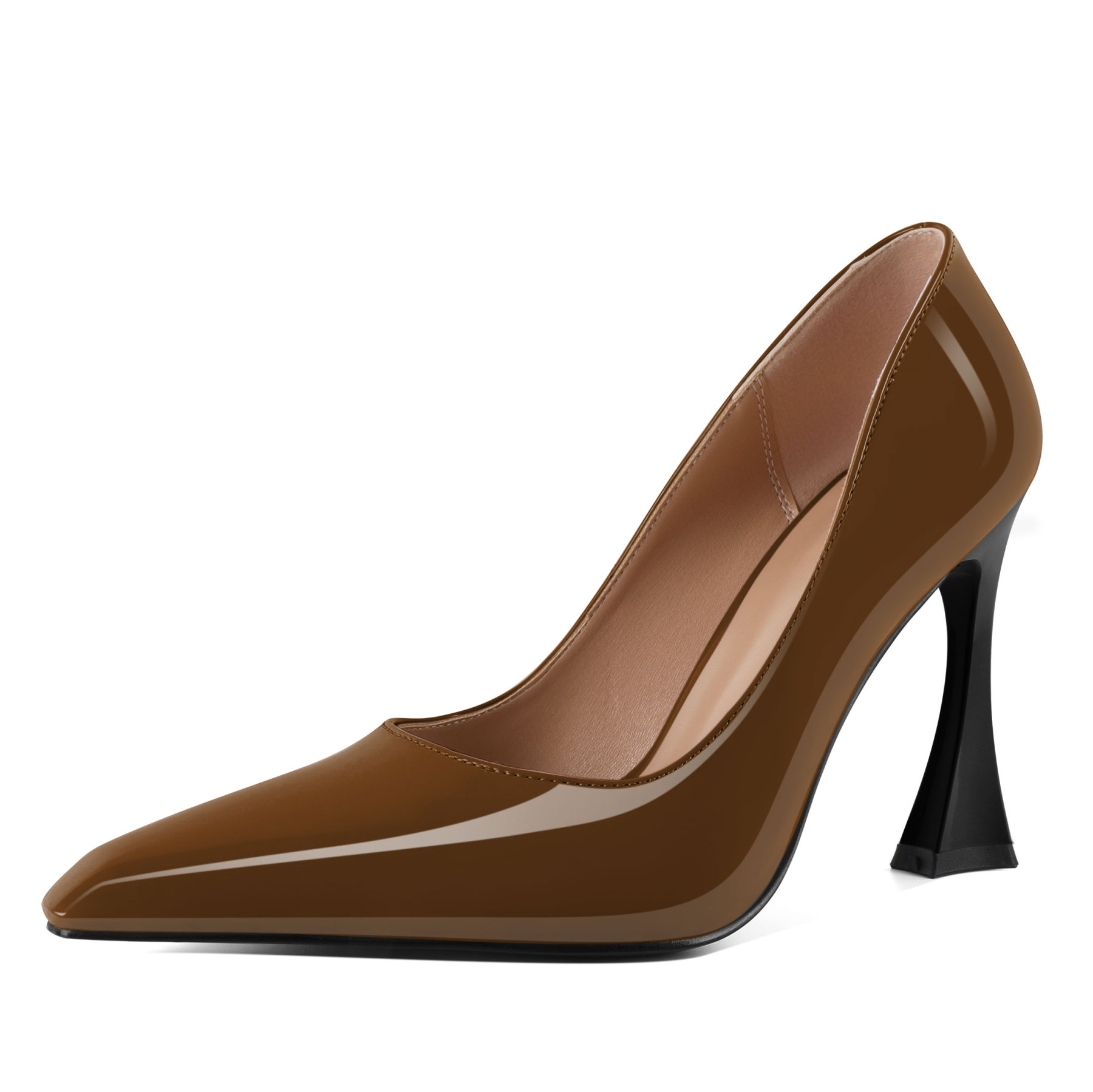 Brown flare heel pointed toe slip-on heels – stylish 4 inch high heel pumps for women