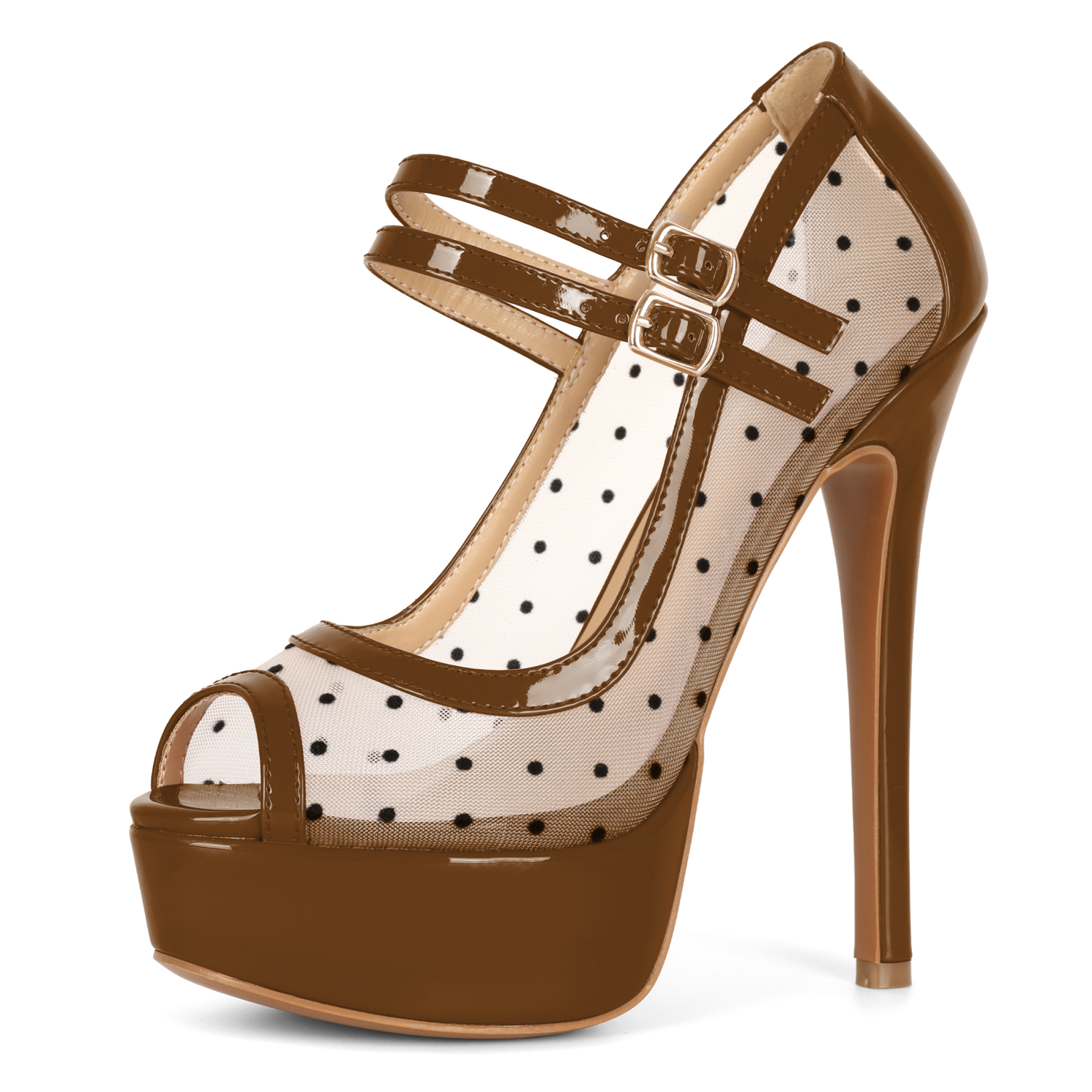 SAMMITOP 5.9 Inch brown polka dot mesh heels with ankle strap and platform, elegant bridal shoes