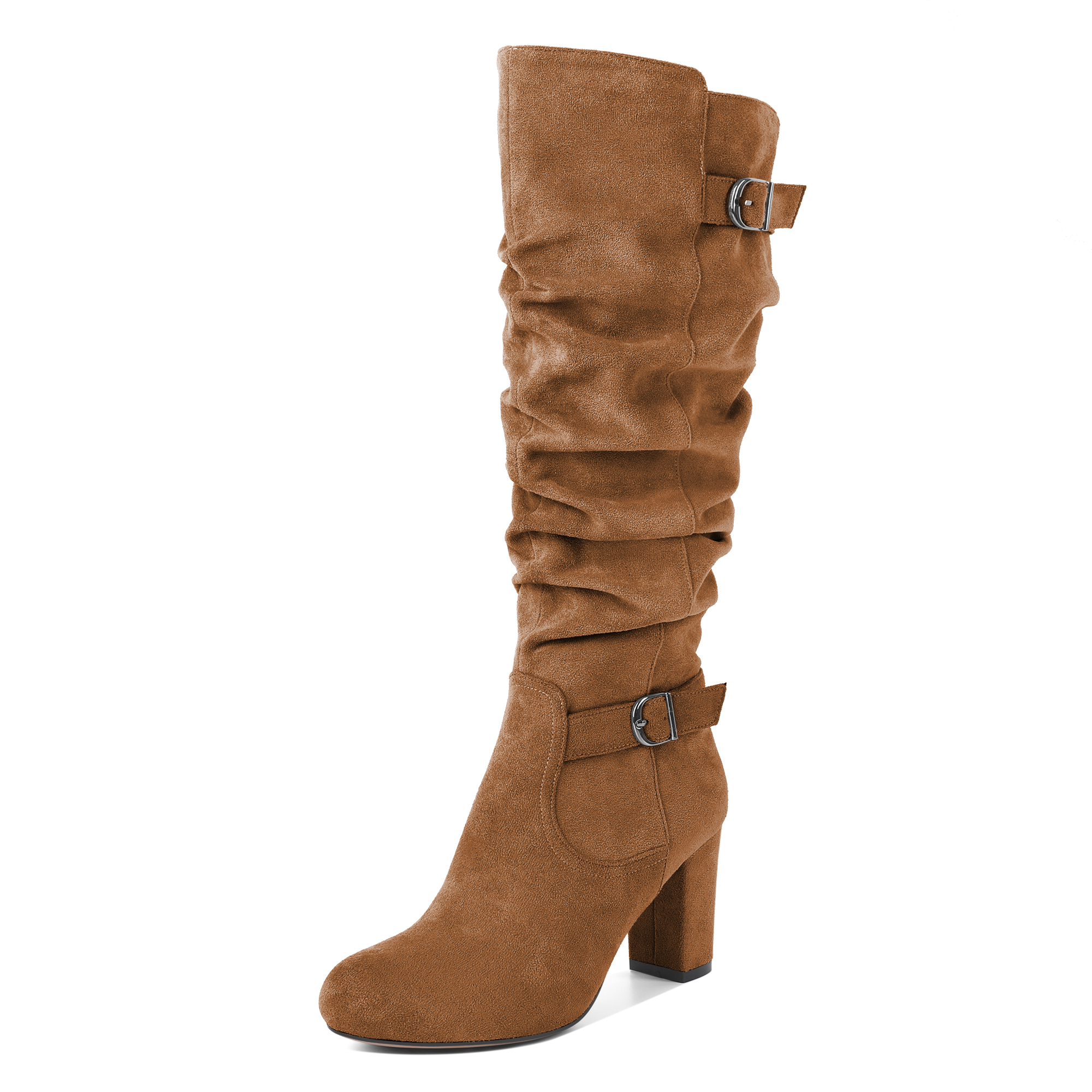 Sammitop Slouchy High Heel Boots for Women Knee High Chunky Heel Boots Round Toe Slouch Metal Buckle Side Zipper Tall Boots 3.5 Inches