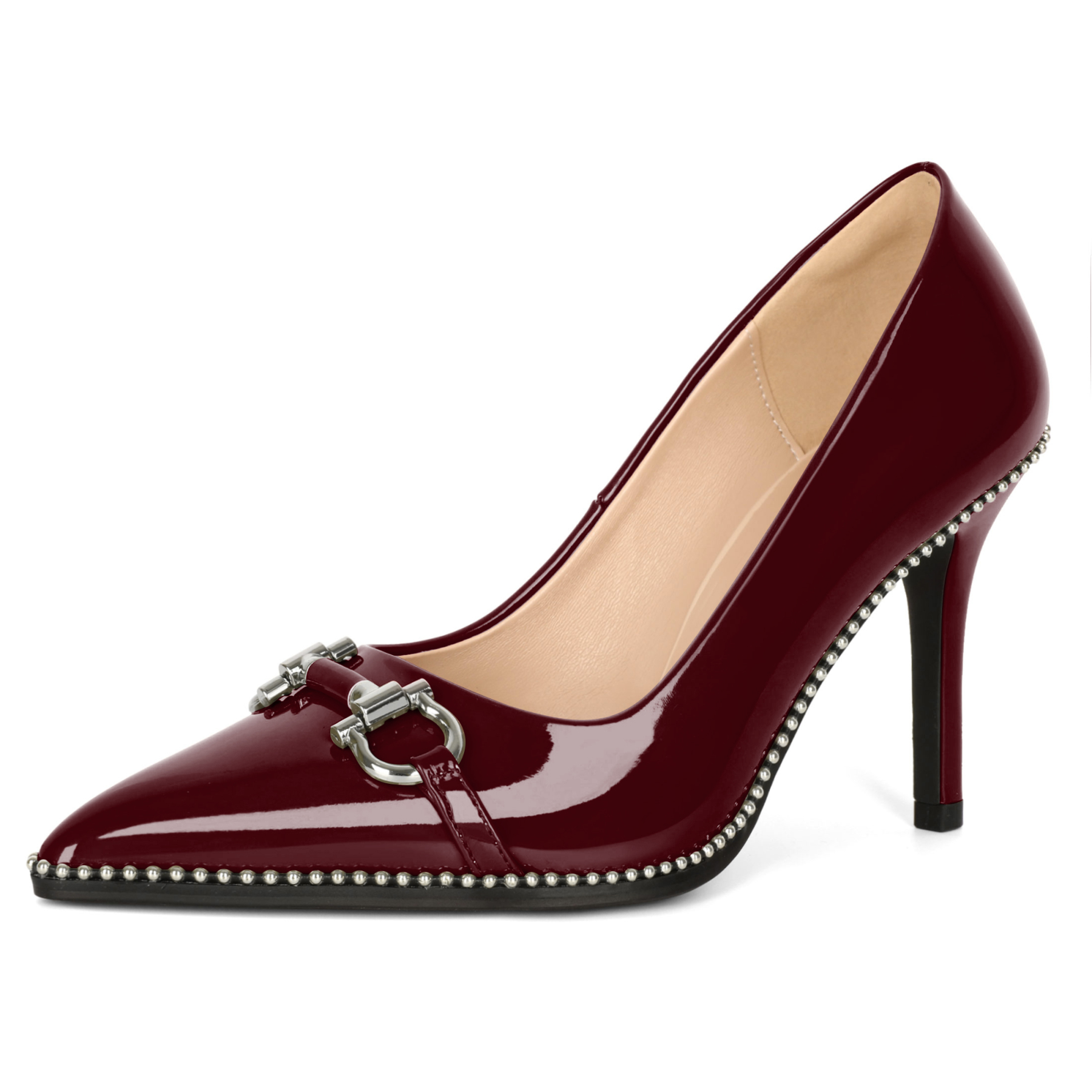 Women's burgundy stiletto heels with glossy finish, pointed toe, and bow detail