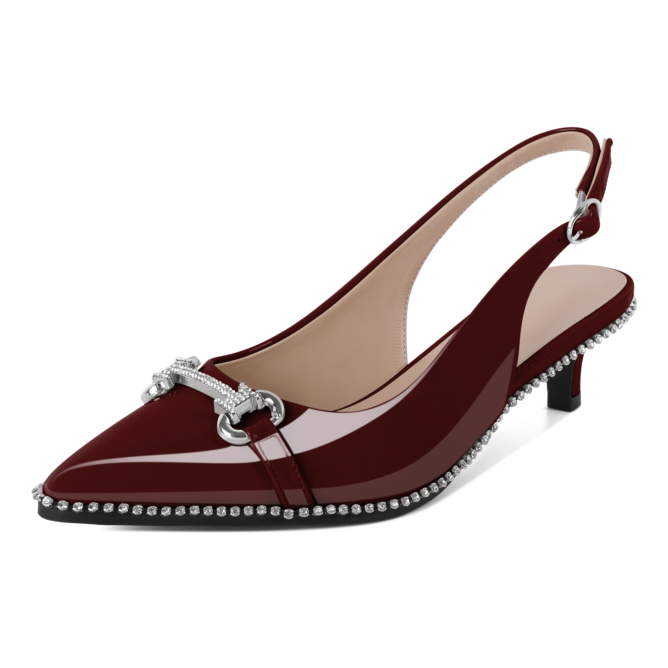 Women's burgundy low heel pumps with slingback strap and sparkly rhinestone bead trim