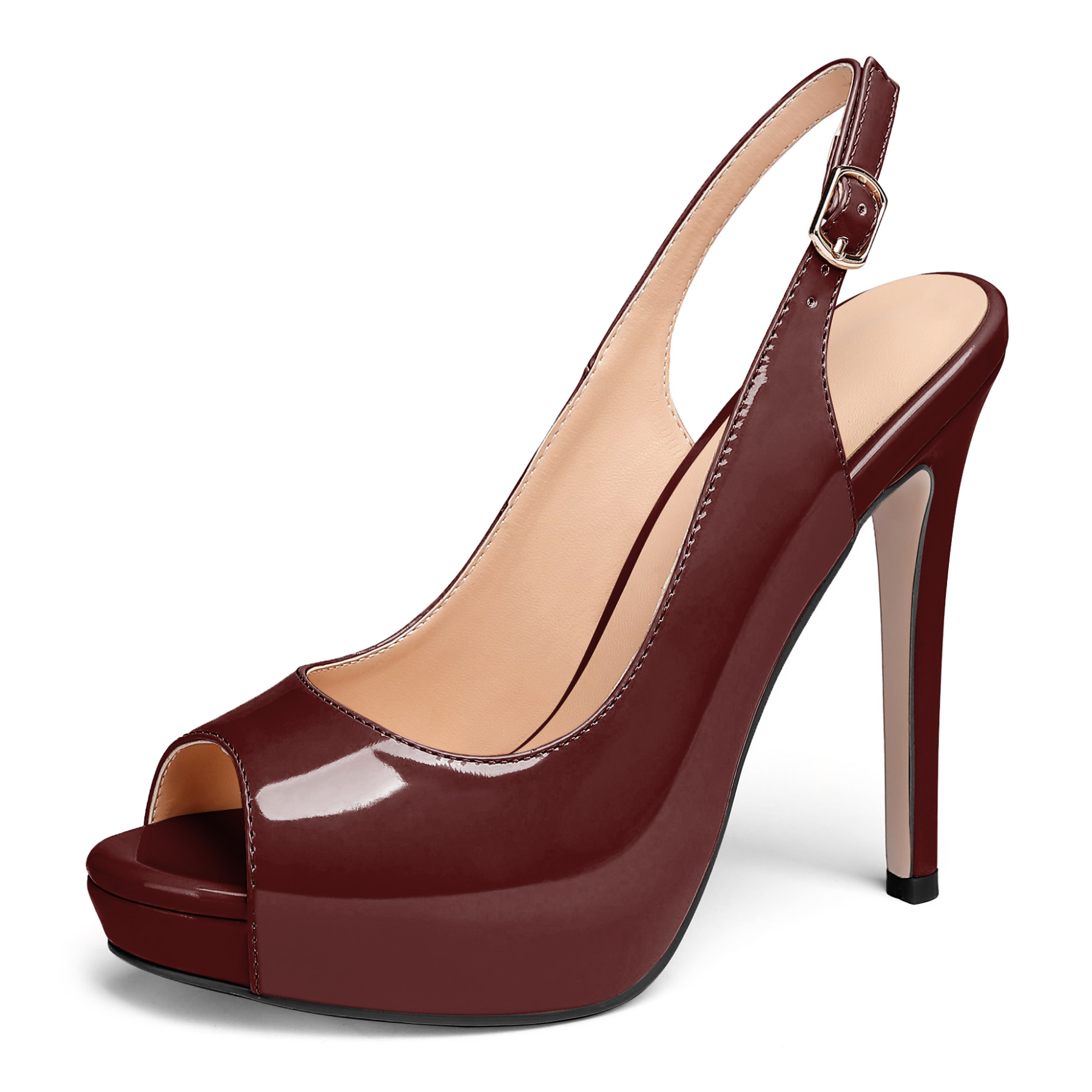 Elegant burgundy peep toe heels with slingback strap