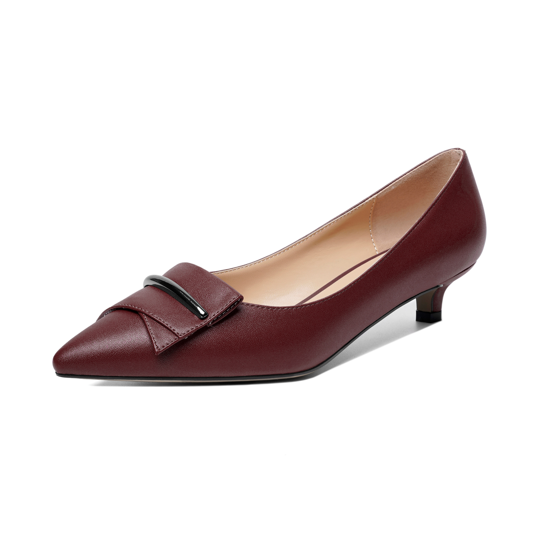 Burgundy pointed toe pumps with kitten heel and bow