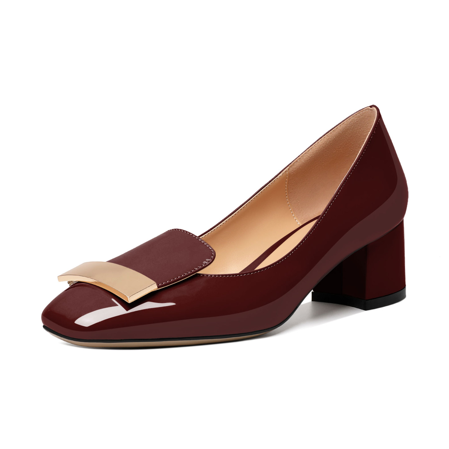 burgundy square toe pumps with classic low heel