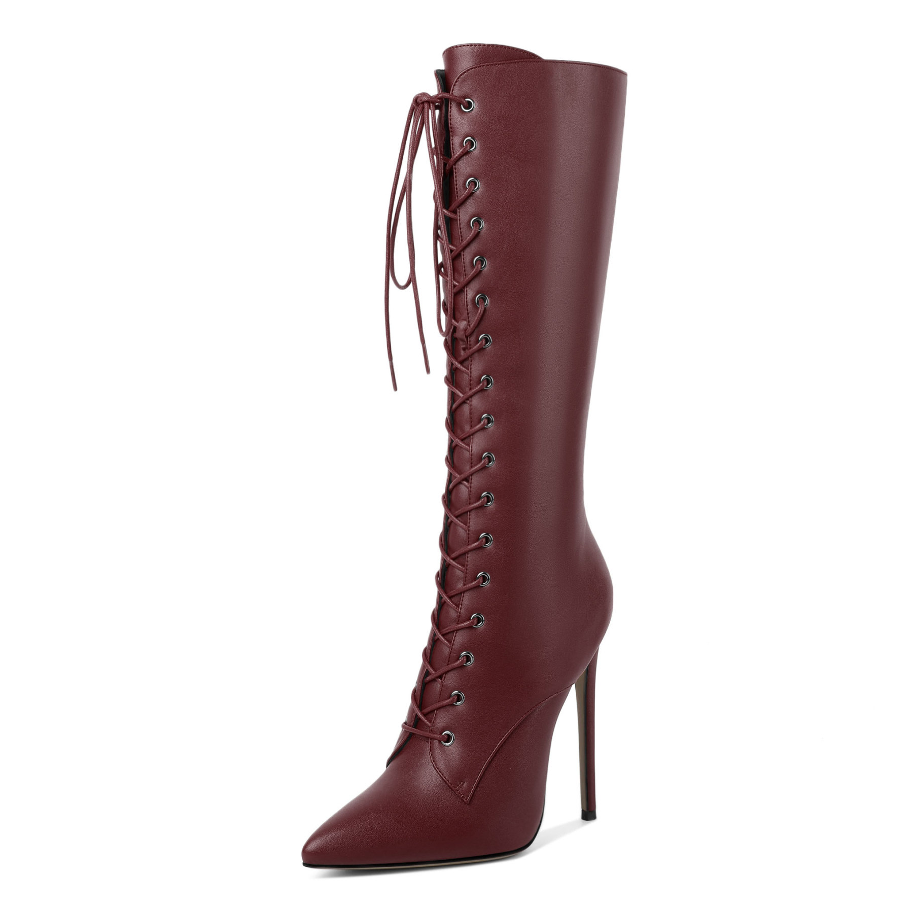 Burgundy lace-up stiletto boots with sleek pointed toe – SAMMITOP