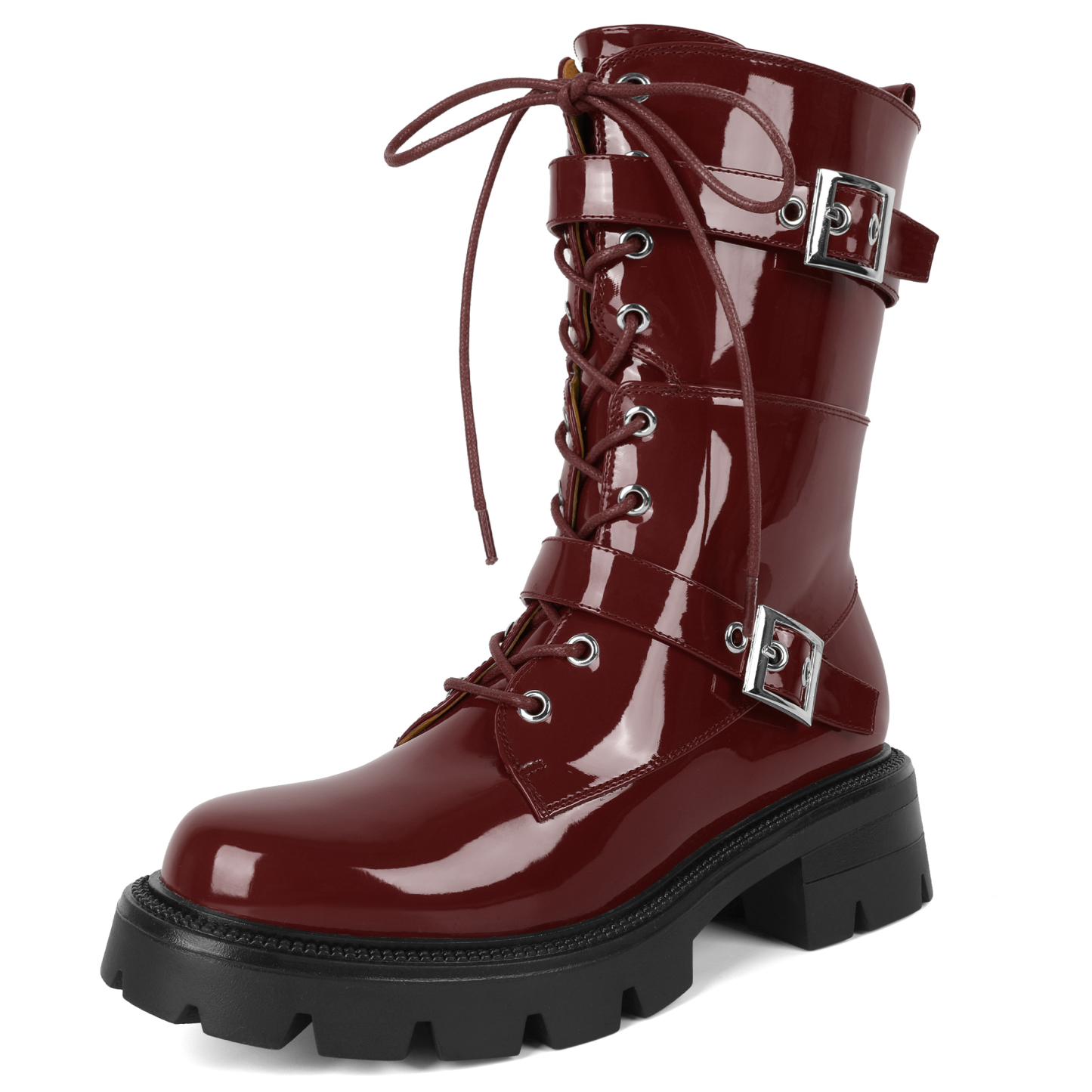 Burgundy lace-up platform combat boots with buckle strap